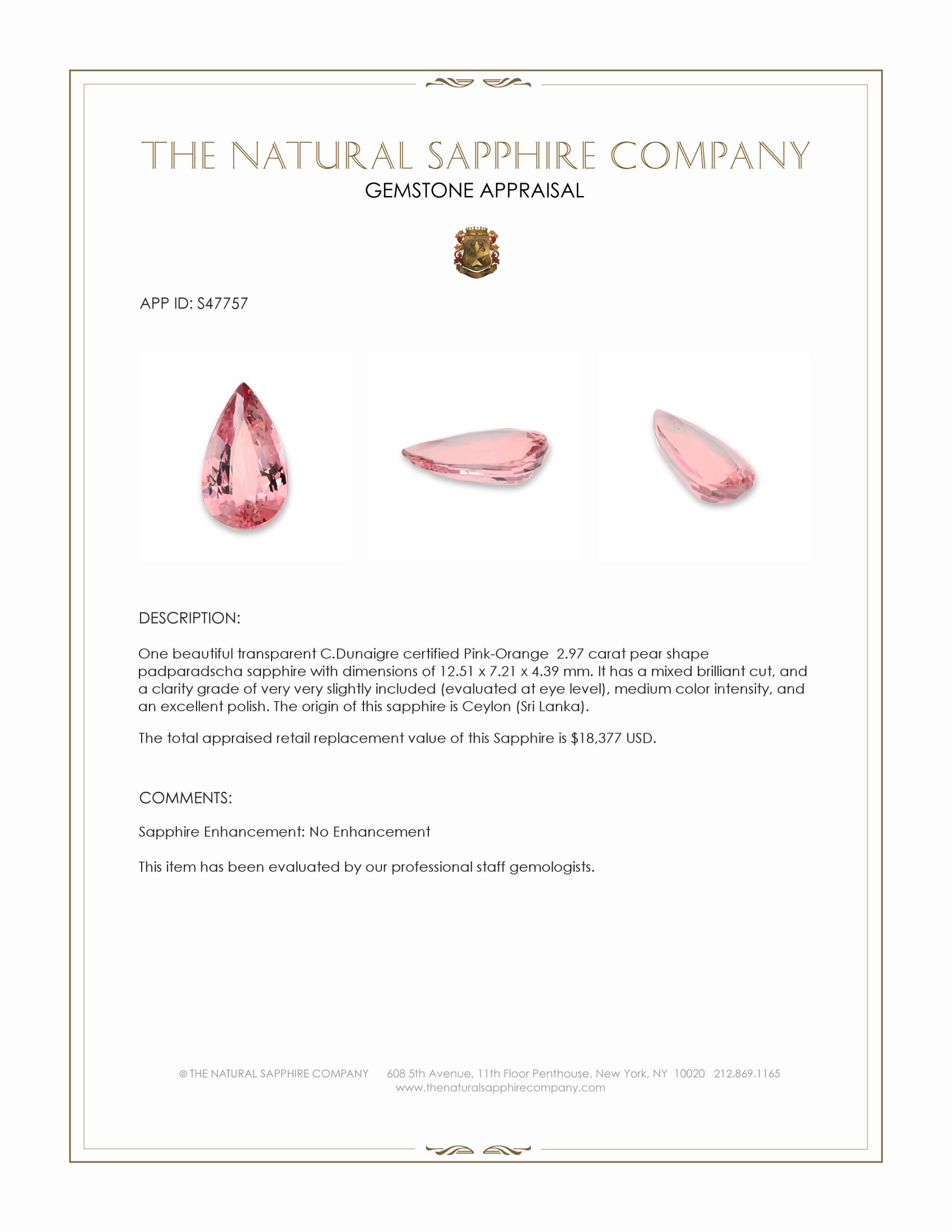 2.97 Ct. Padparadscha Sapphire from Ceylon (Sri Lanka)