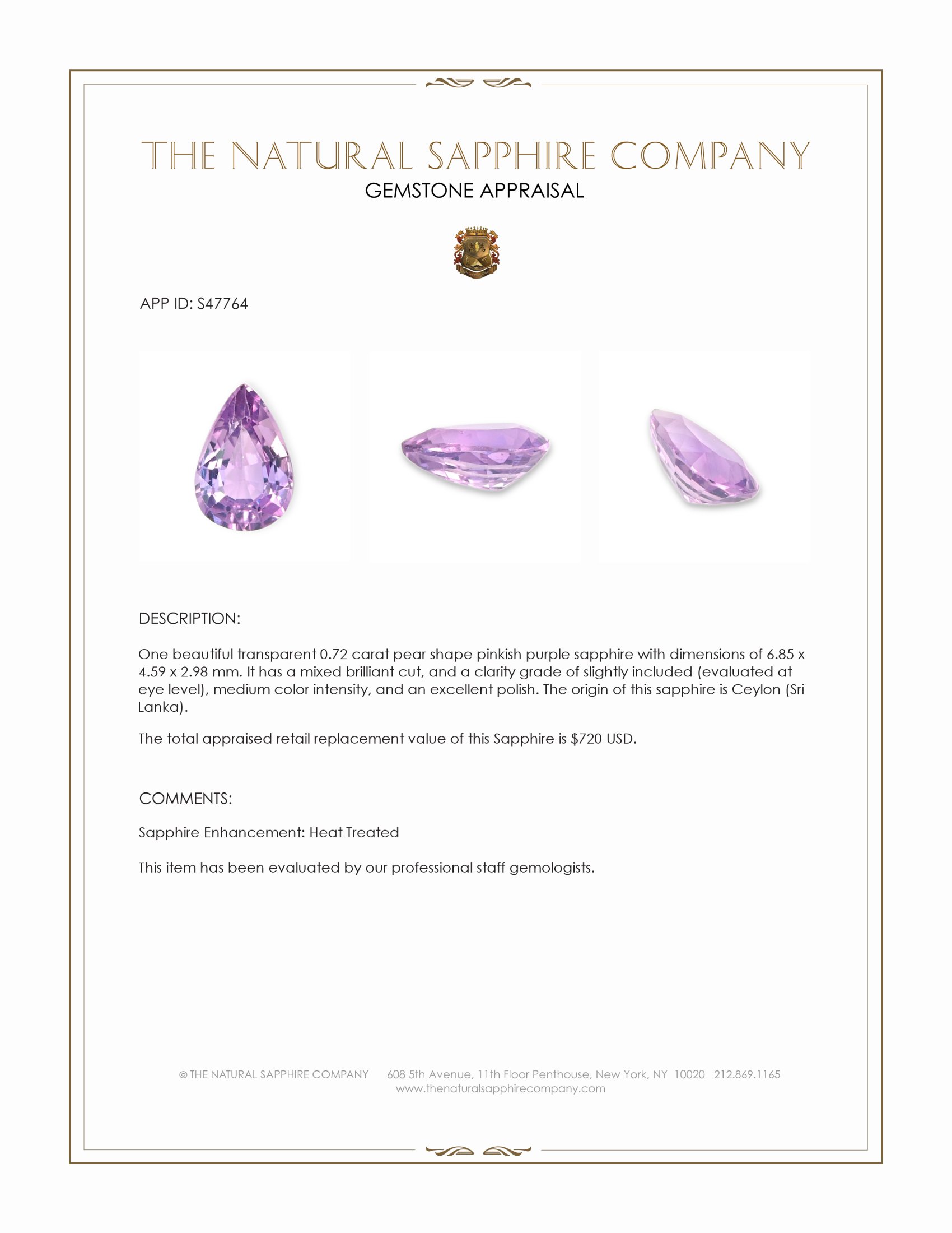 0.72 Ct. Pinkish Purple Sapphire from Ceylon (Sri Lanka)