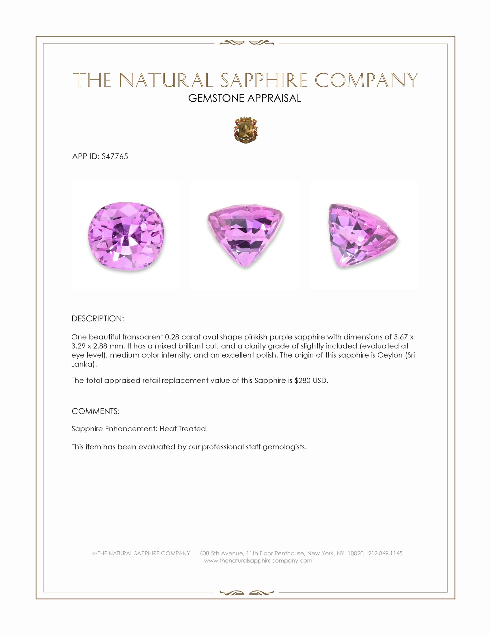 0.28 Ct. Pinkish Purple Sapphire from Ceylon (Sri Lanka)