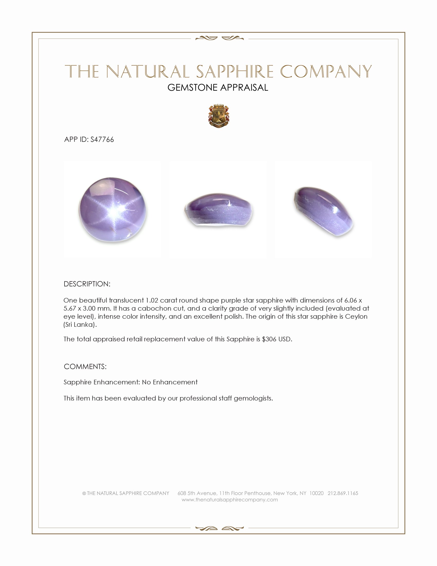 1.02 Ct. Purple Star Sapphire from Ceylon (Sri Lanka)