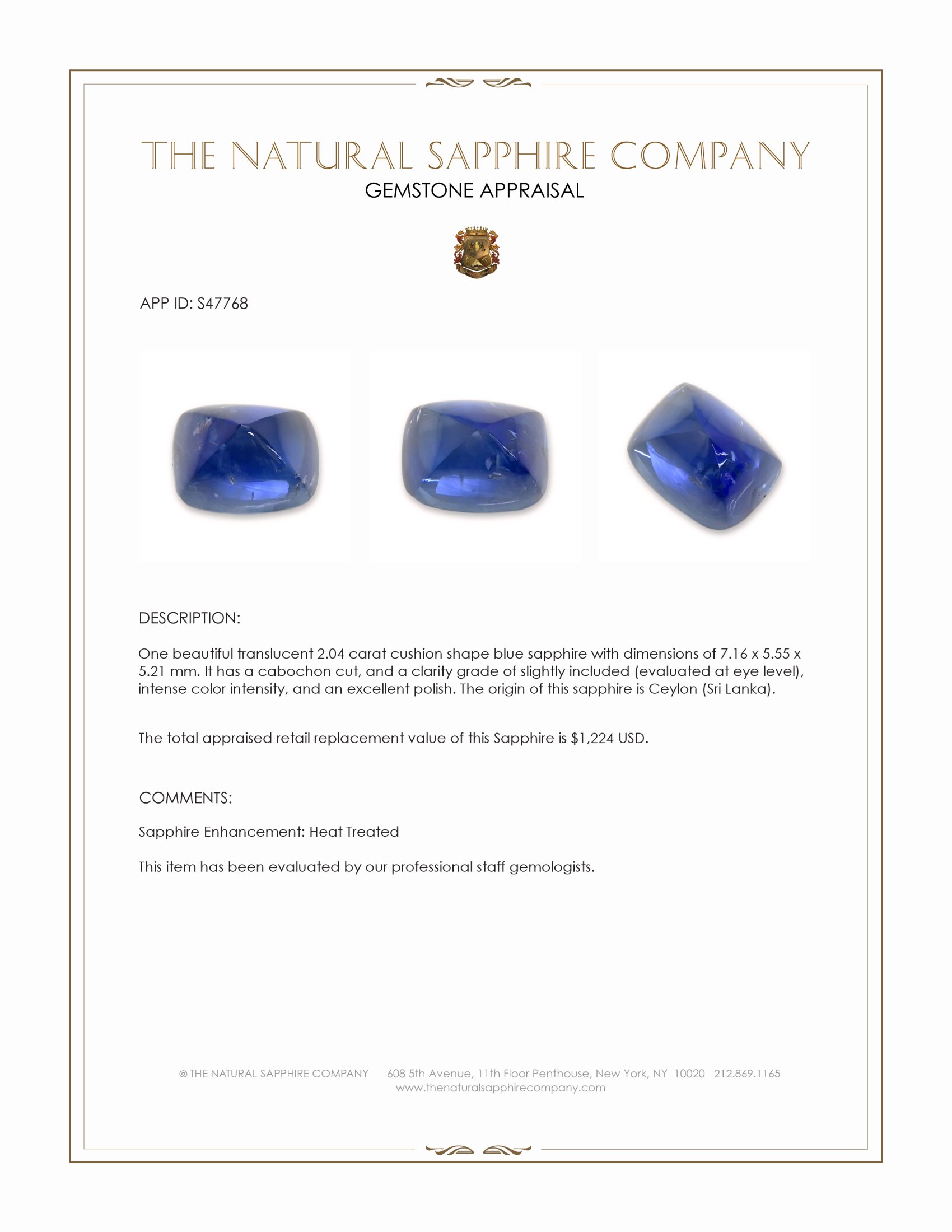2.04 Ct. Blue Cabochon Sapphire from Ceylon (Sri Lanka)