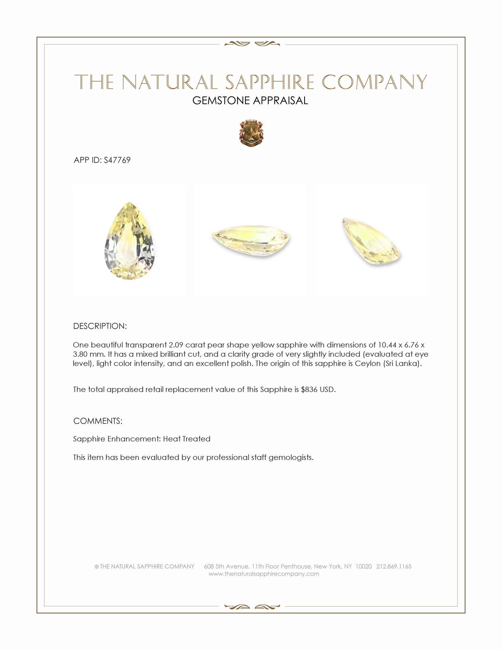 2.09 Ct. Yellow Sapphire from Ceylon (Sri Lanka)