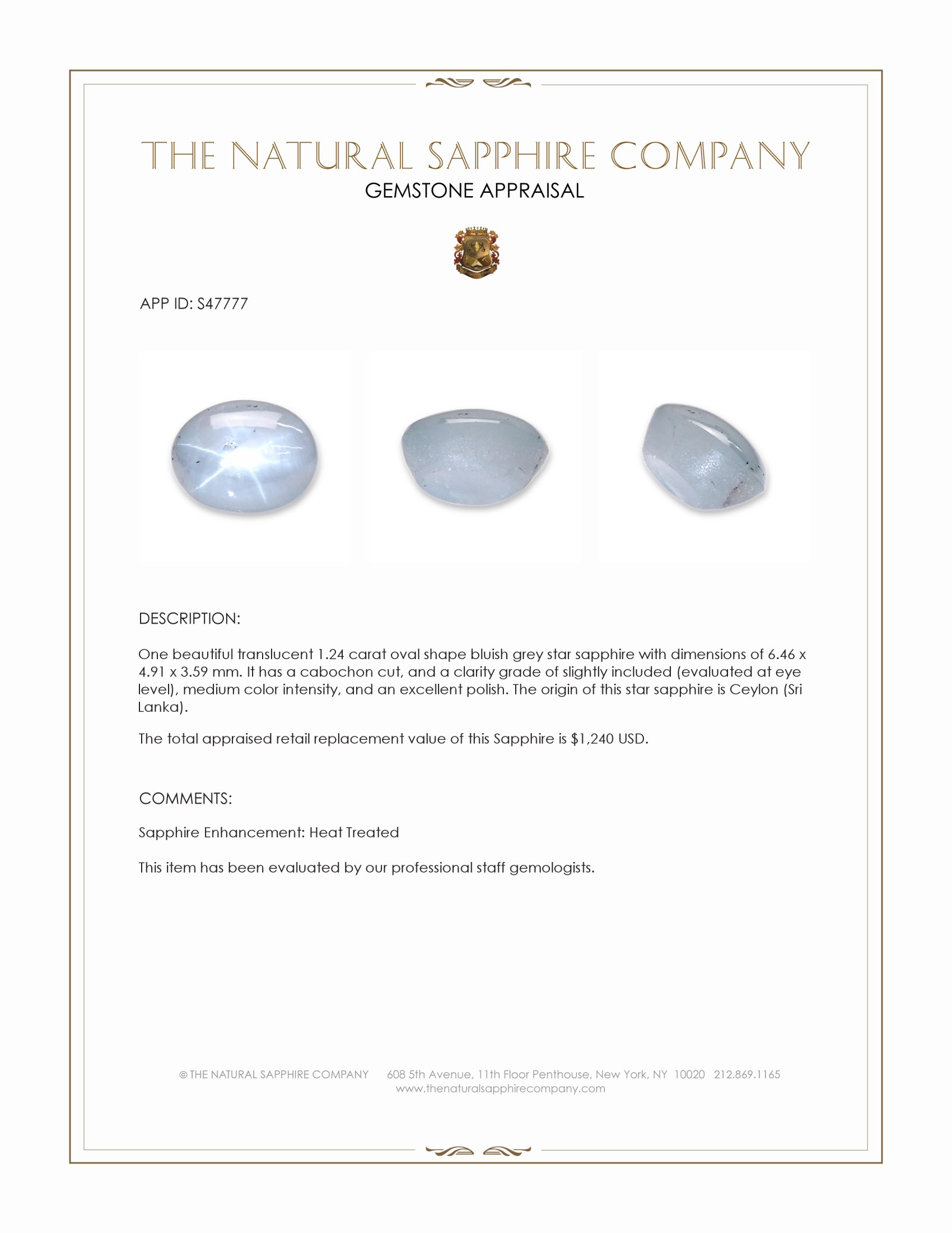 1.24 Ct. Bluish Grey Star Sapphire from Ceylon (Sri Lanka)