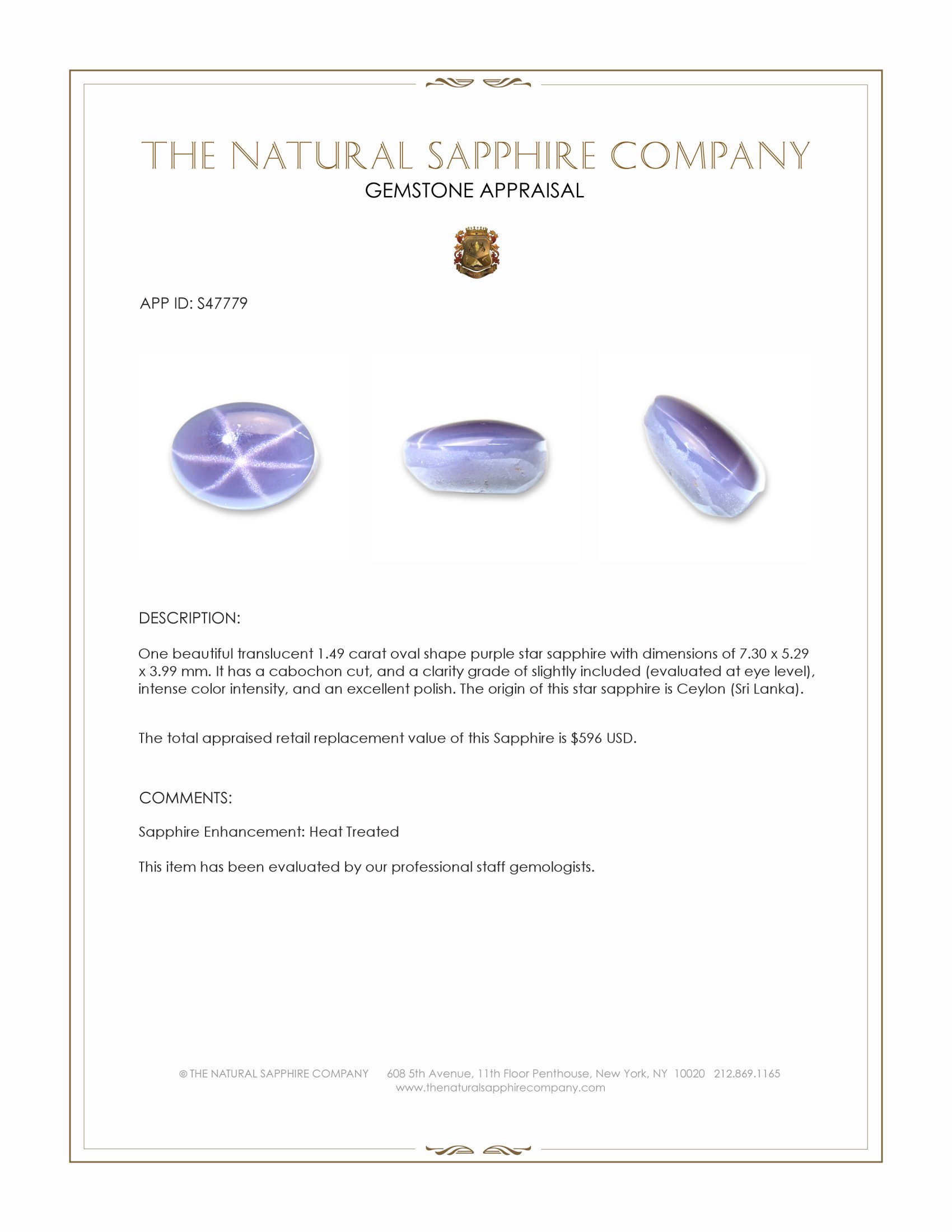 1.49 Ct. Purple Star Sapphire from Ceylon (Sri Lanka)