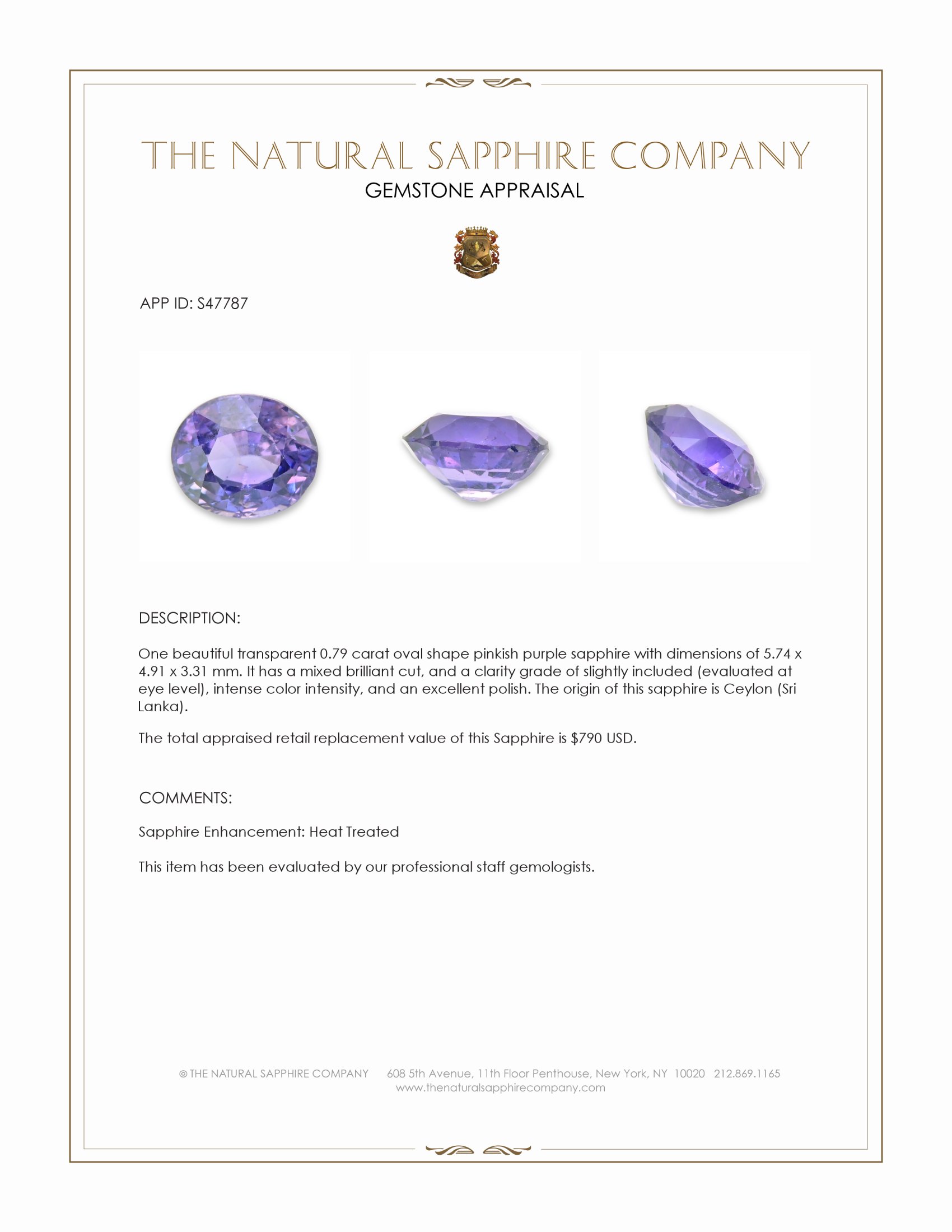 0.79 Ct. Pinkish Purple Sapphire from Ceylon (Sri Lanka)