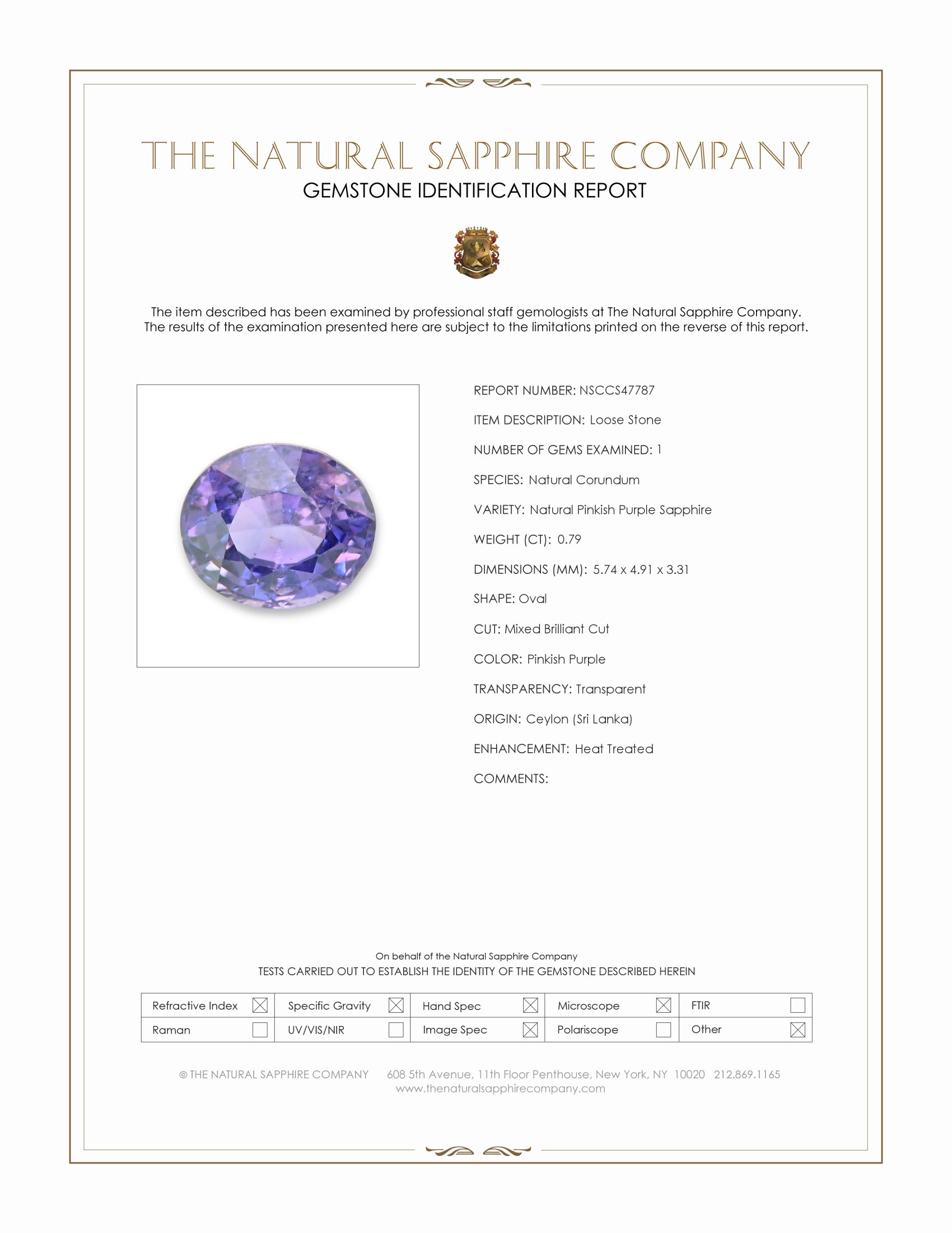 0.79 Ct. Pinkish Purple Sapphire from Ceylon (Sri Lanka)