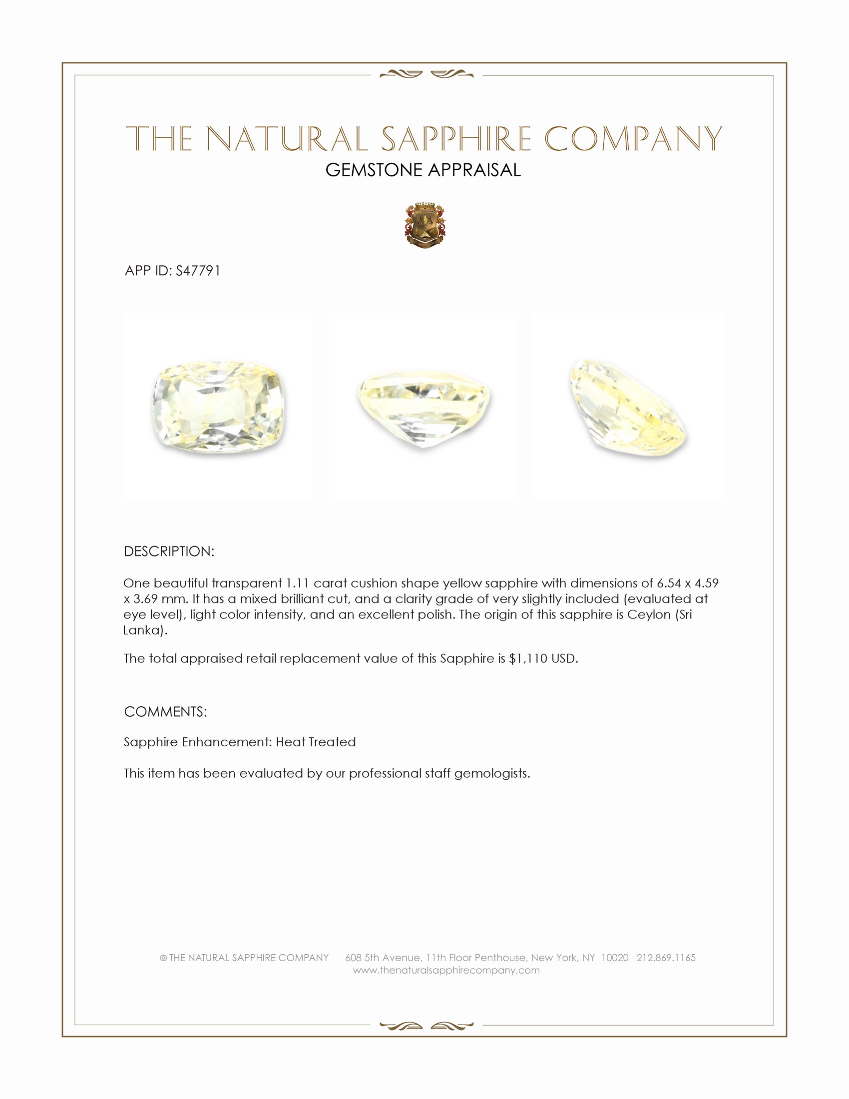 1.11 Ct. Yellow Sapphire from Ceylon (Sri Lanka)