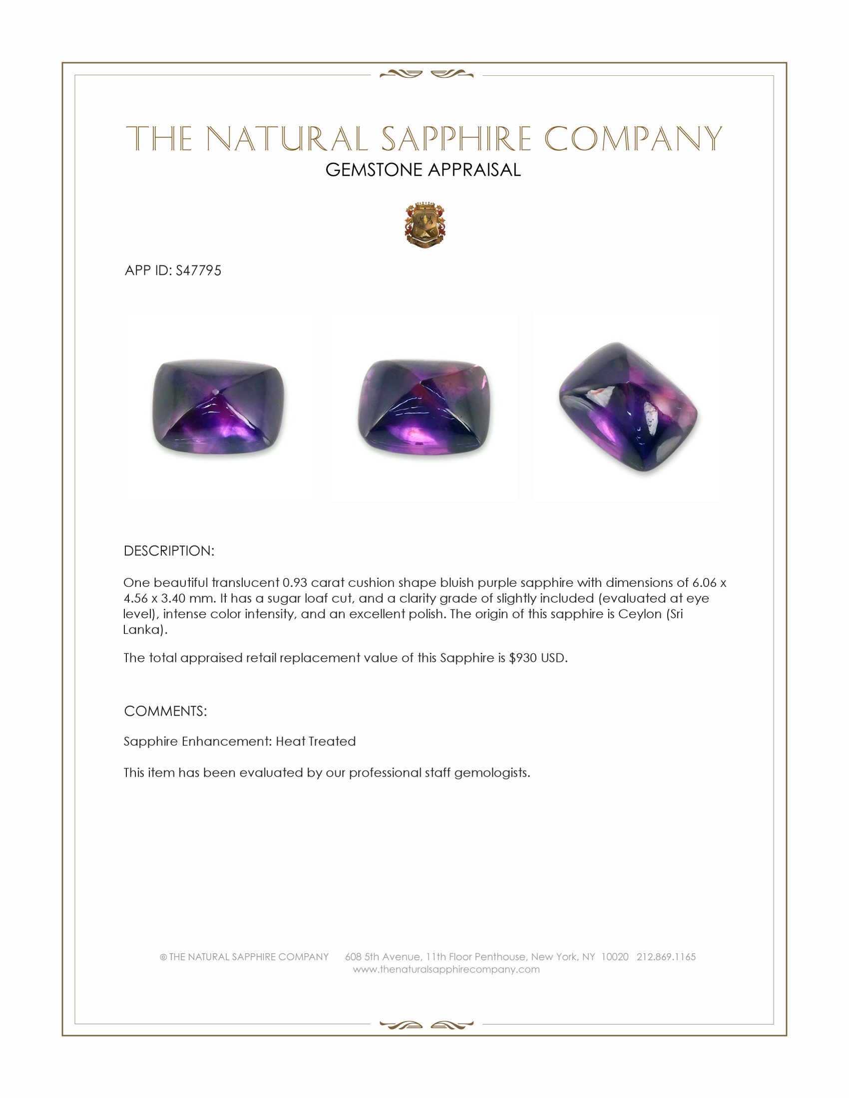0.93 Ct. Bluish Purple Cabochon Sapphire from Ceylon (Sri Lanka)