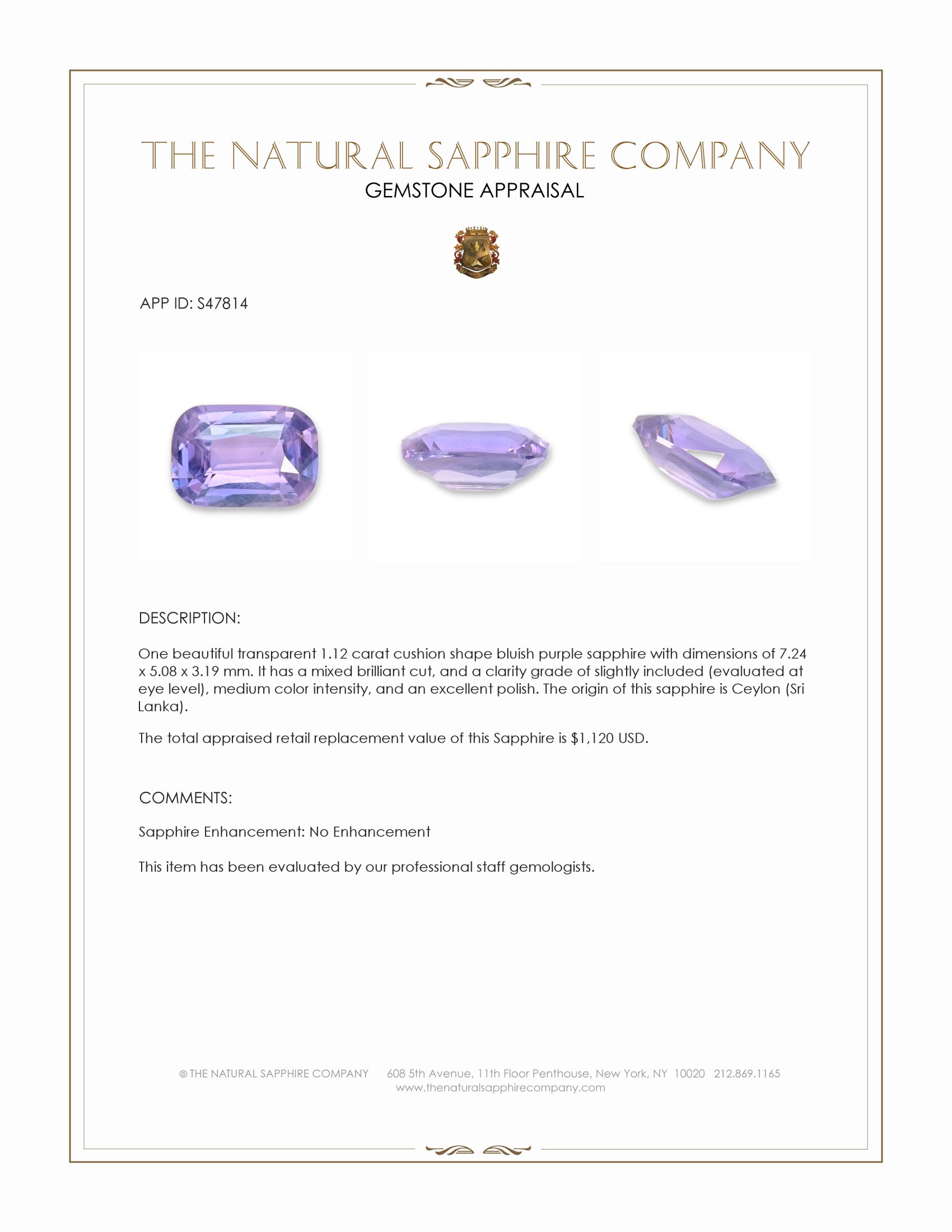 1.12 Ct. Bluish Purple Sapphire from Ceylon (Sri Lanka)
