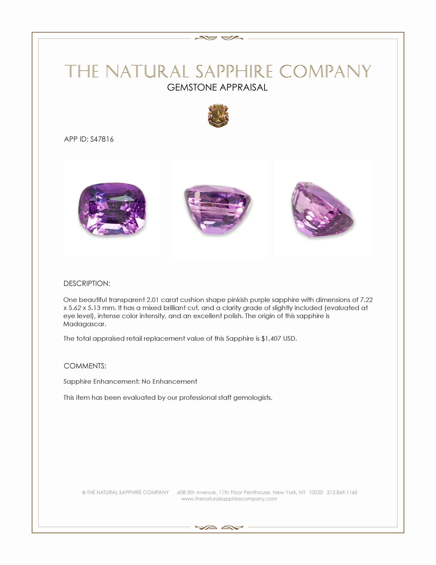 2.01 Ct. Pinkish Purple Sapphire from Madagascar
