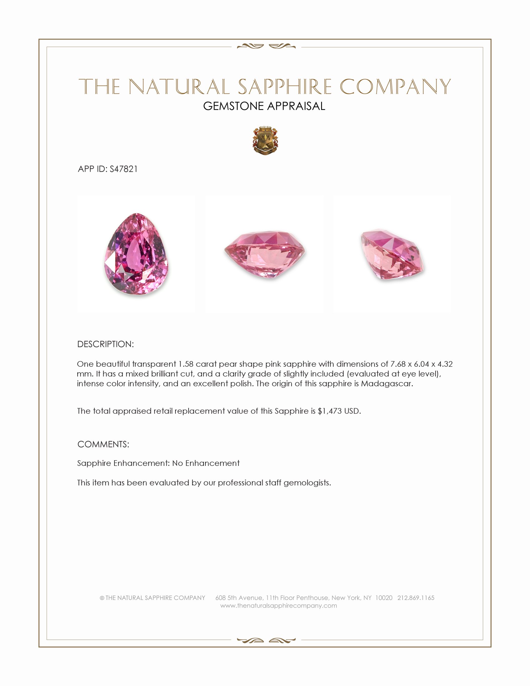 1.58 Ct. Pink Sapphire from Madagascar