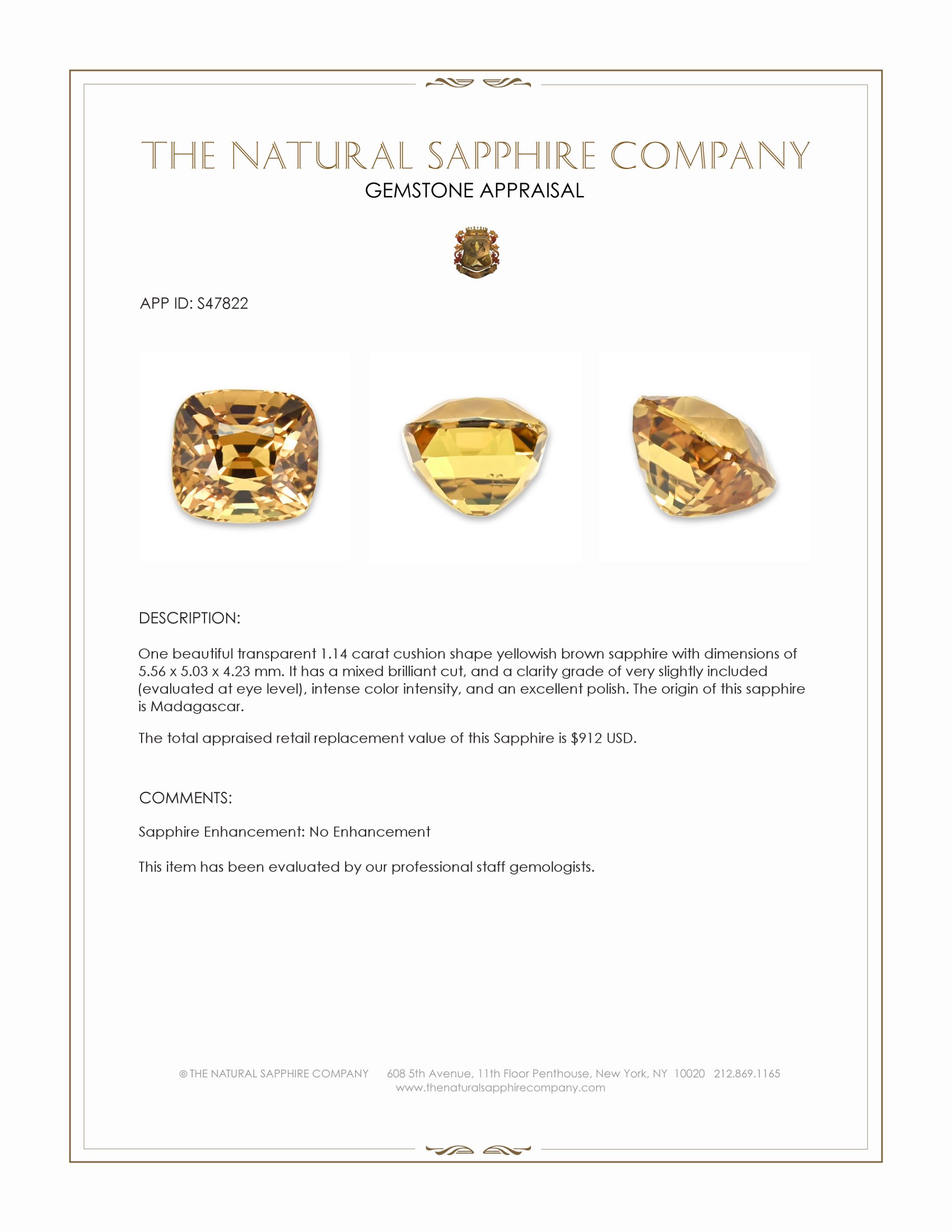 1.14 Ct. Yellowish Brown Sapphire from Madagascar