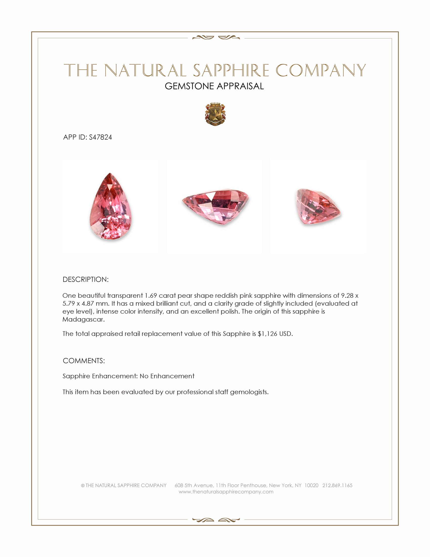 1.69 Ct. Reddish Pink Sapphire from Madagascar