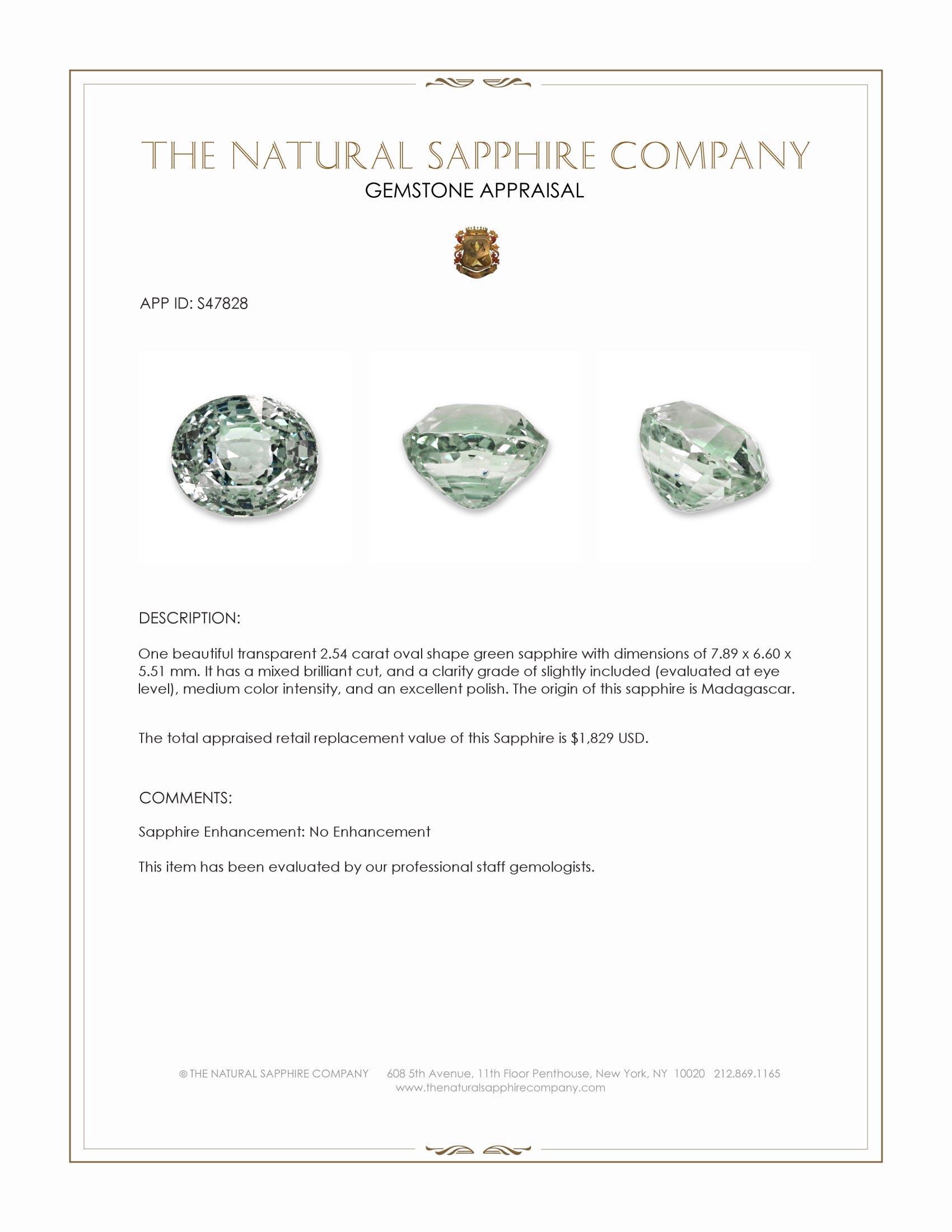2.54 Ct. Green Sapphire from Madagascar