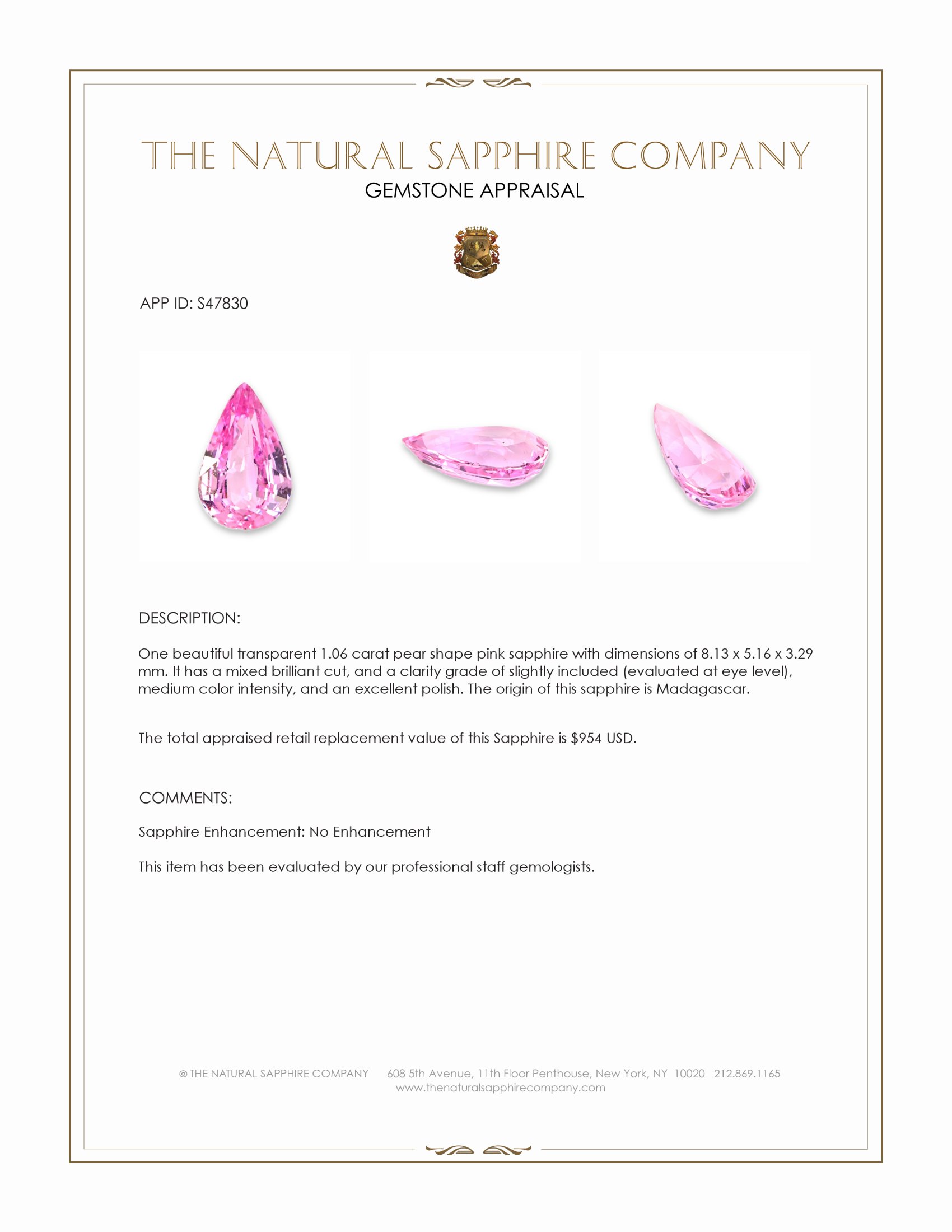 1.06 Ct. Pink Sapphire from Madagascar