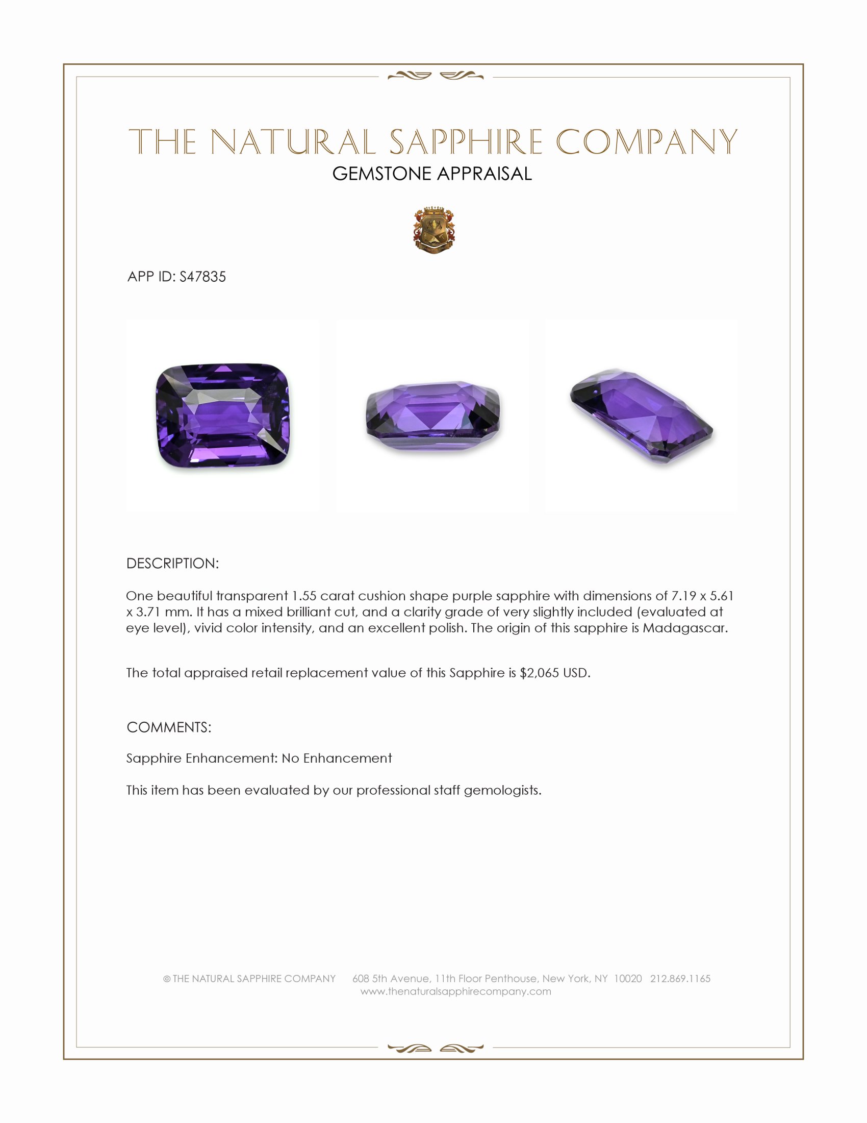 1.55 Ct. Purple Sapphire from Madagascar