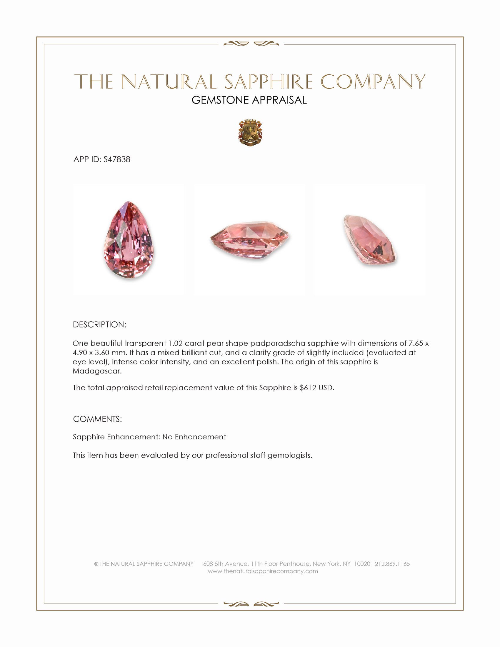 1.02 Ct. Padparadscha Sapphire from Madagascar