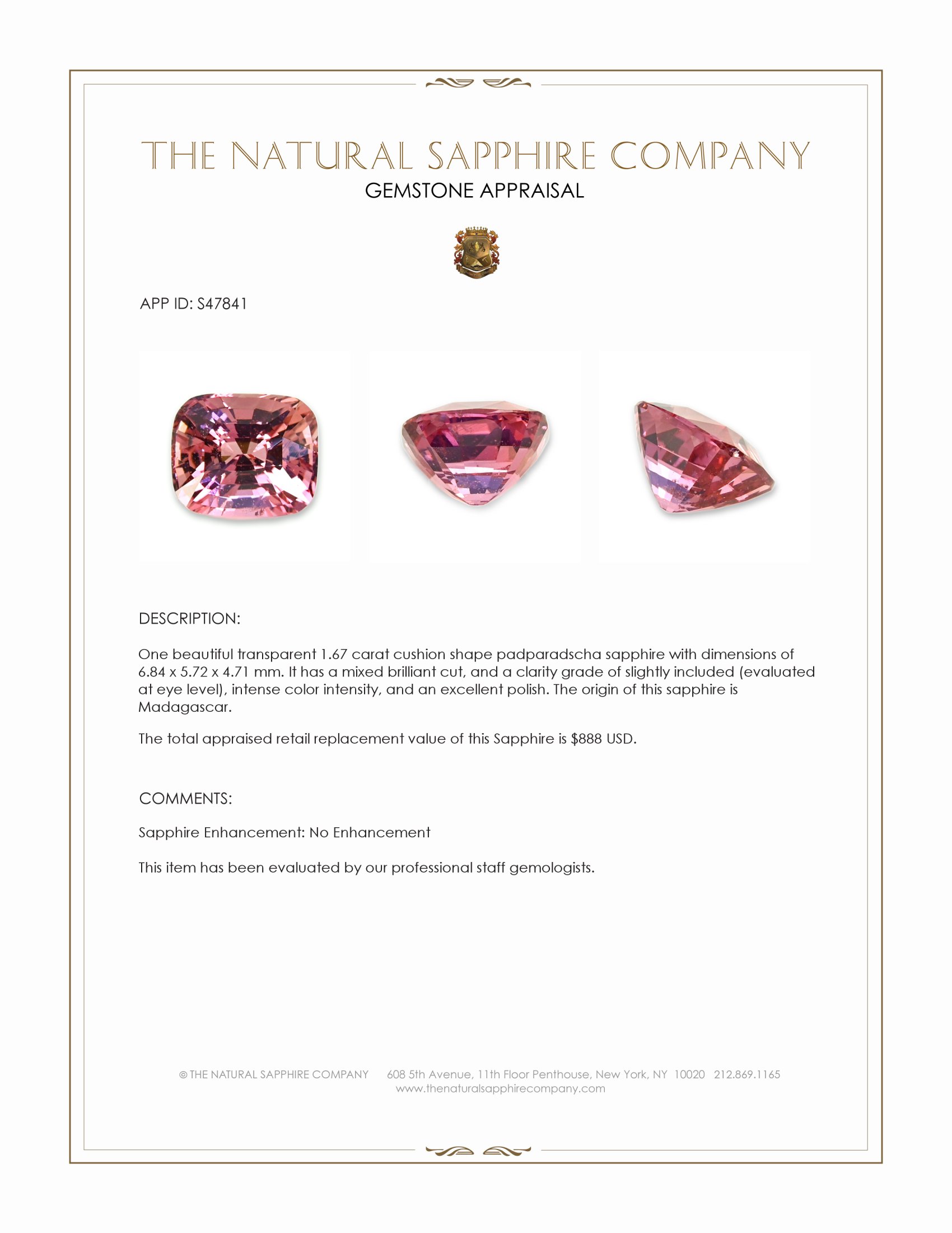 1.67 Ct. Padparadscha Sapphire from Madagascar