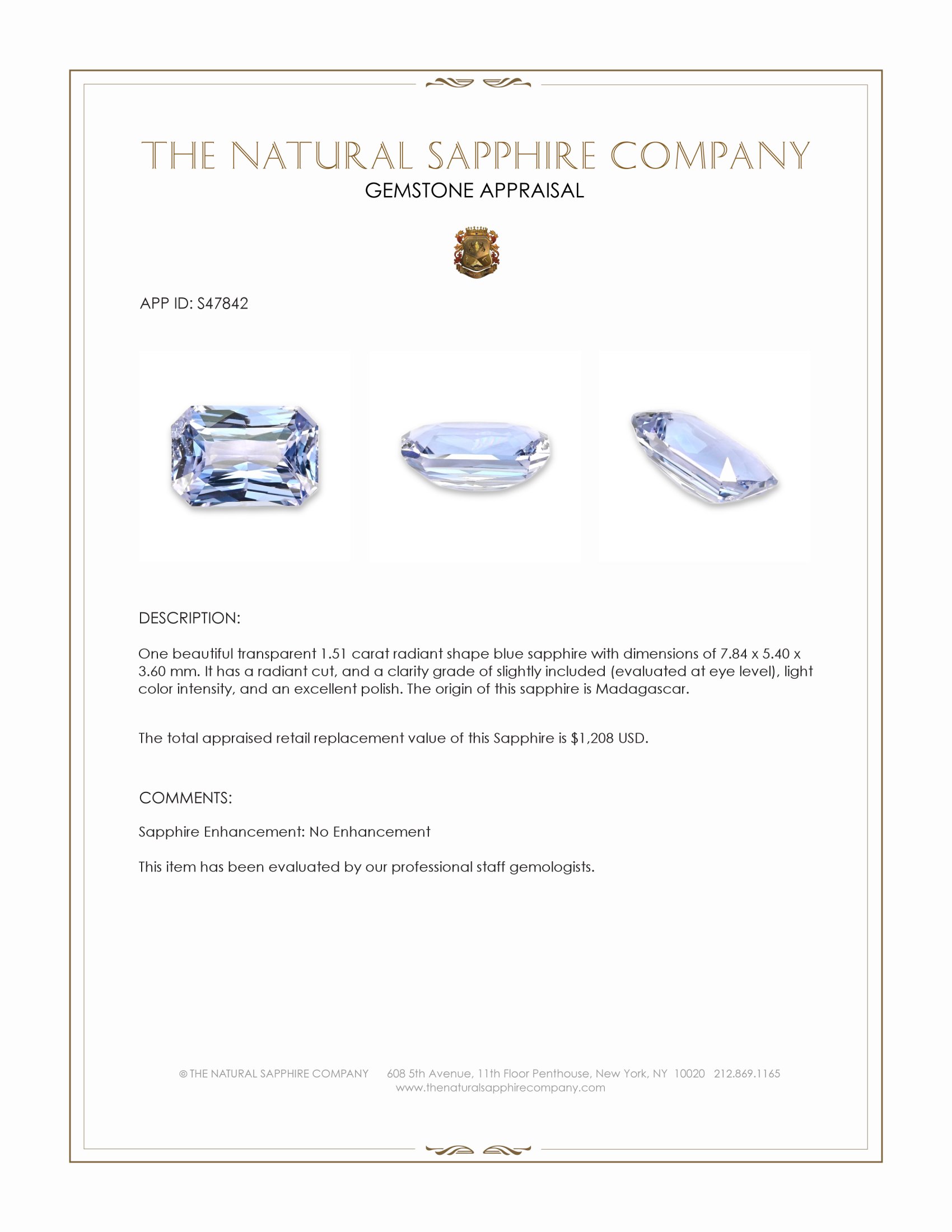 1.51 Ct. Blue Sapphire from Madagascar