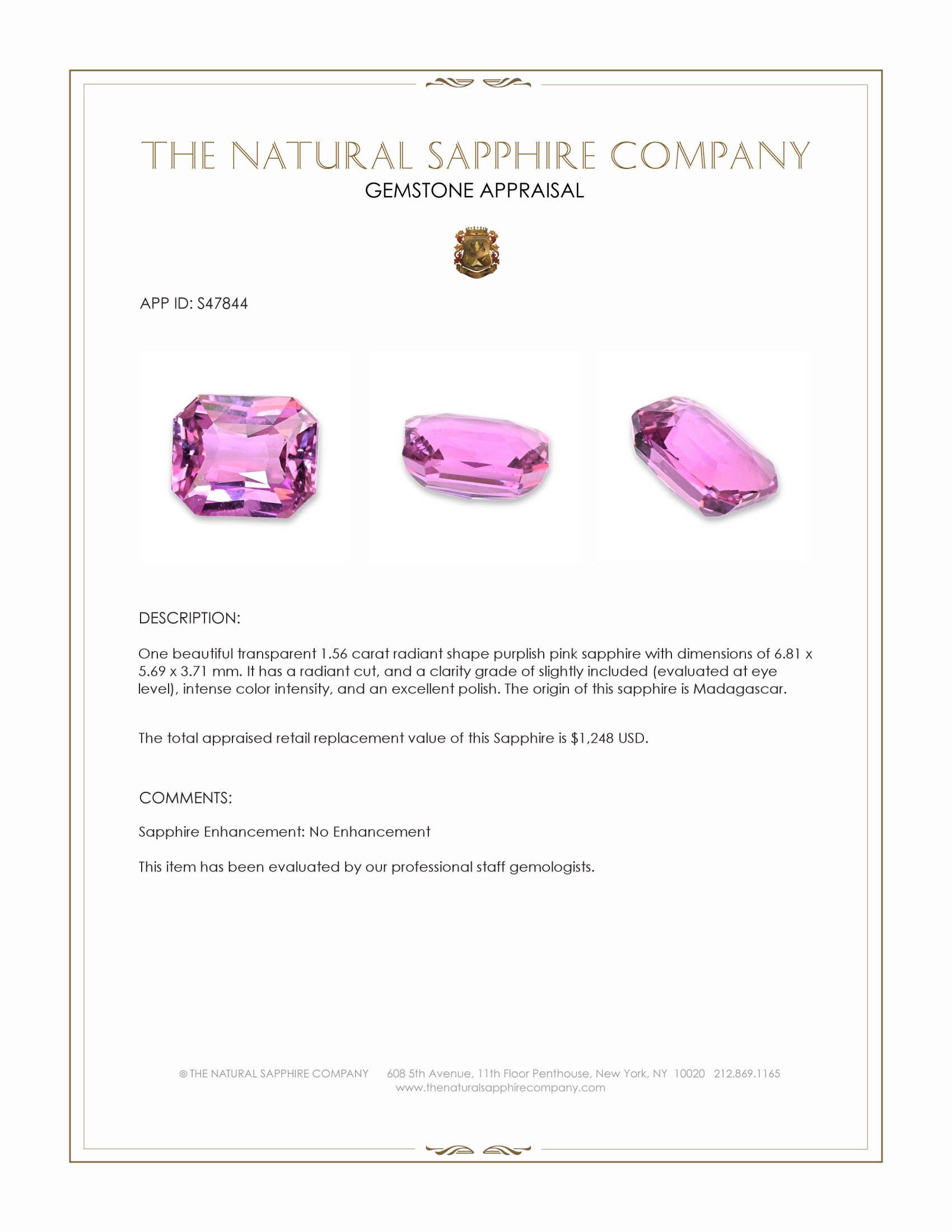 1.56 Ct. Purplish Pink Sapphire from Madagascar