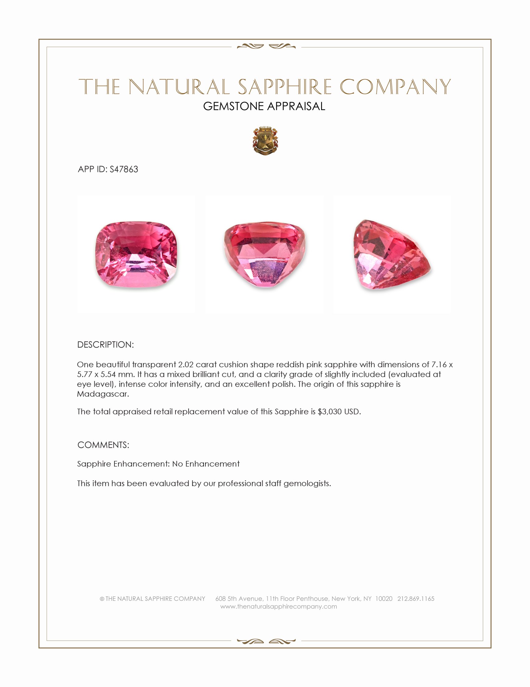 2.02 Ct. Reddish Pink Sapphire from Madagascar