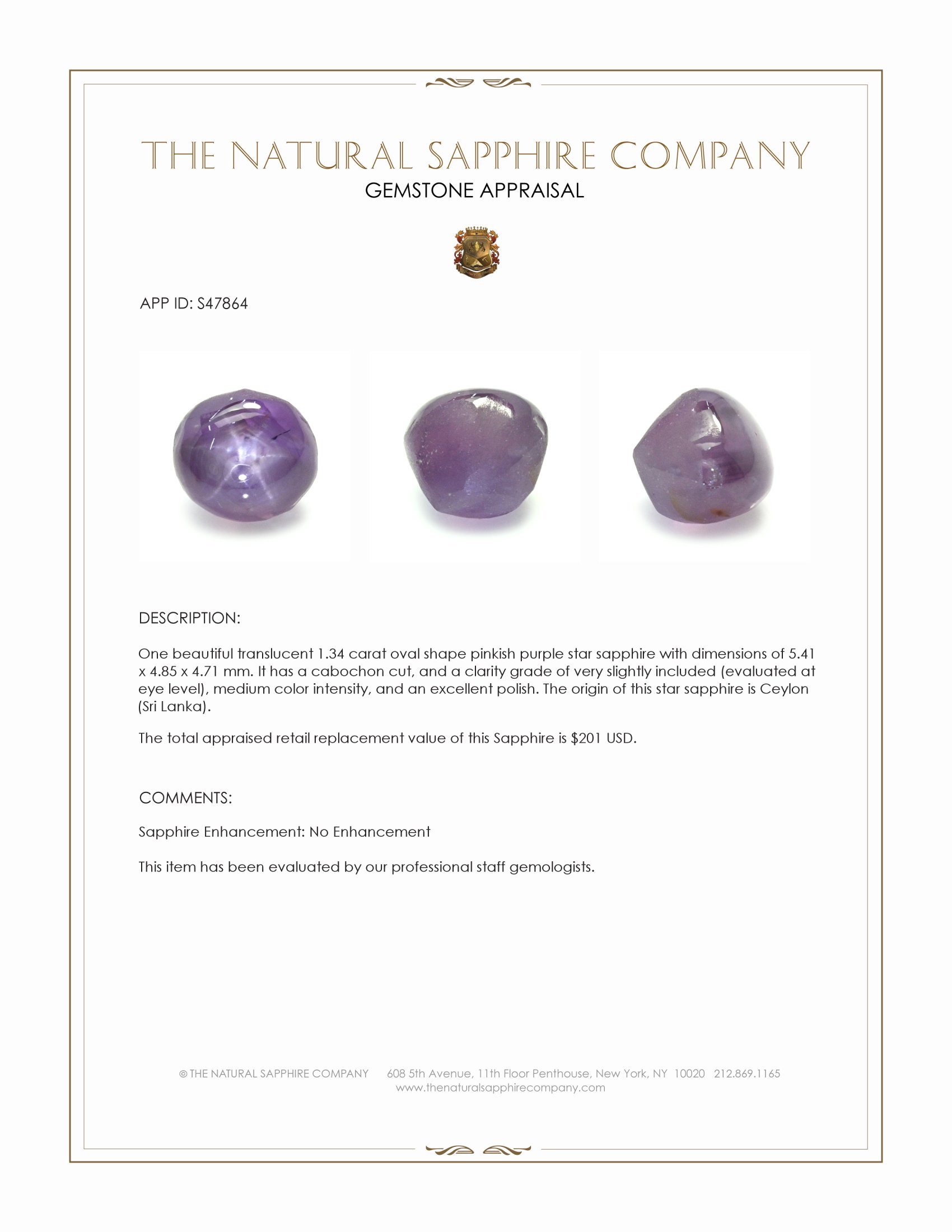 1.34 Ct. Pinkish Purple Star Sapphire from Ceylon (Sri Lanka)