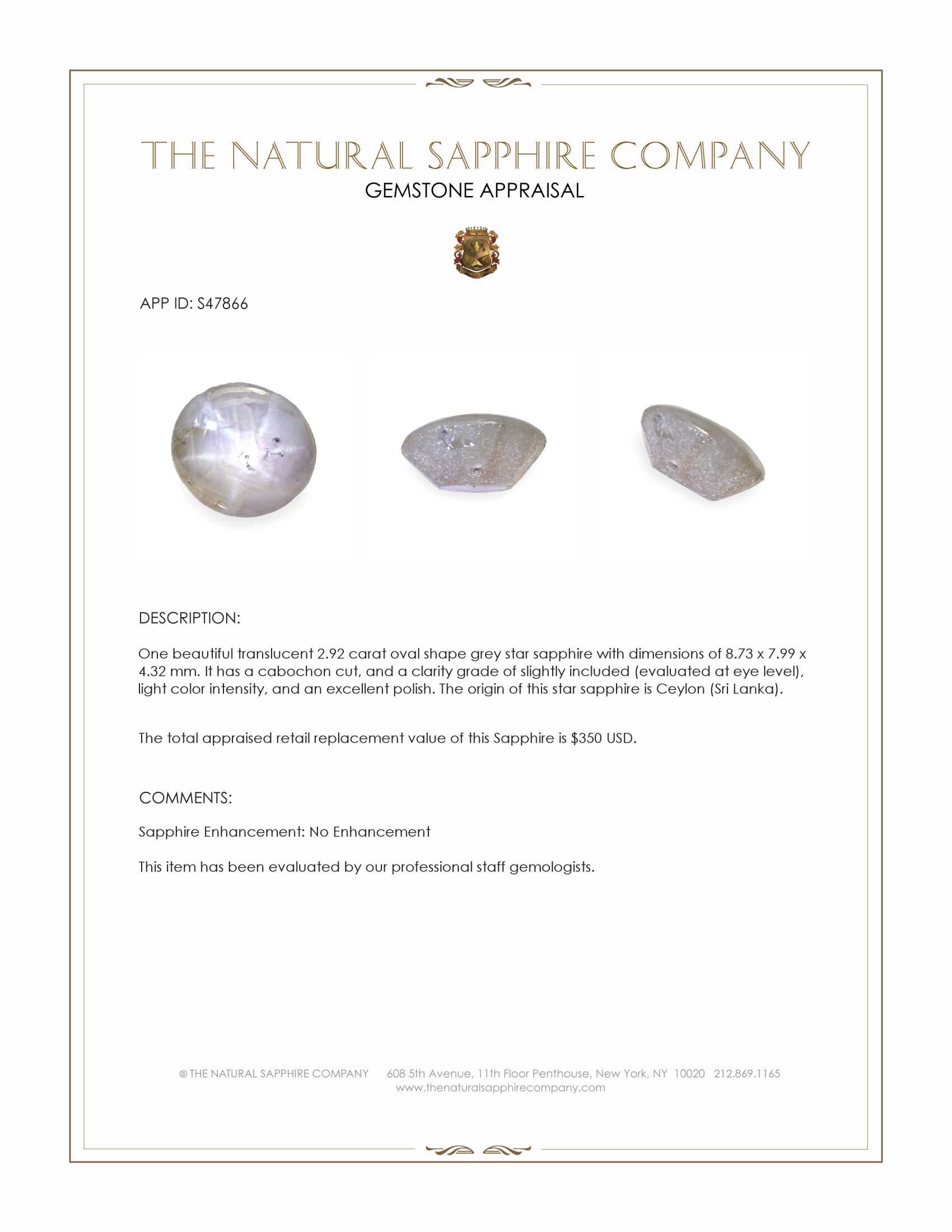 2.92 Ct. Grey Star Sapphire from Ceylon (Sri Lanka)