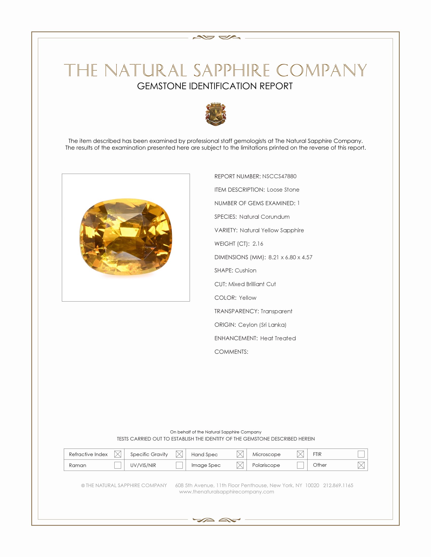 2.16 Ct. Yellow Sapphire from Ceylon (Sri Lanka)