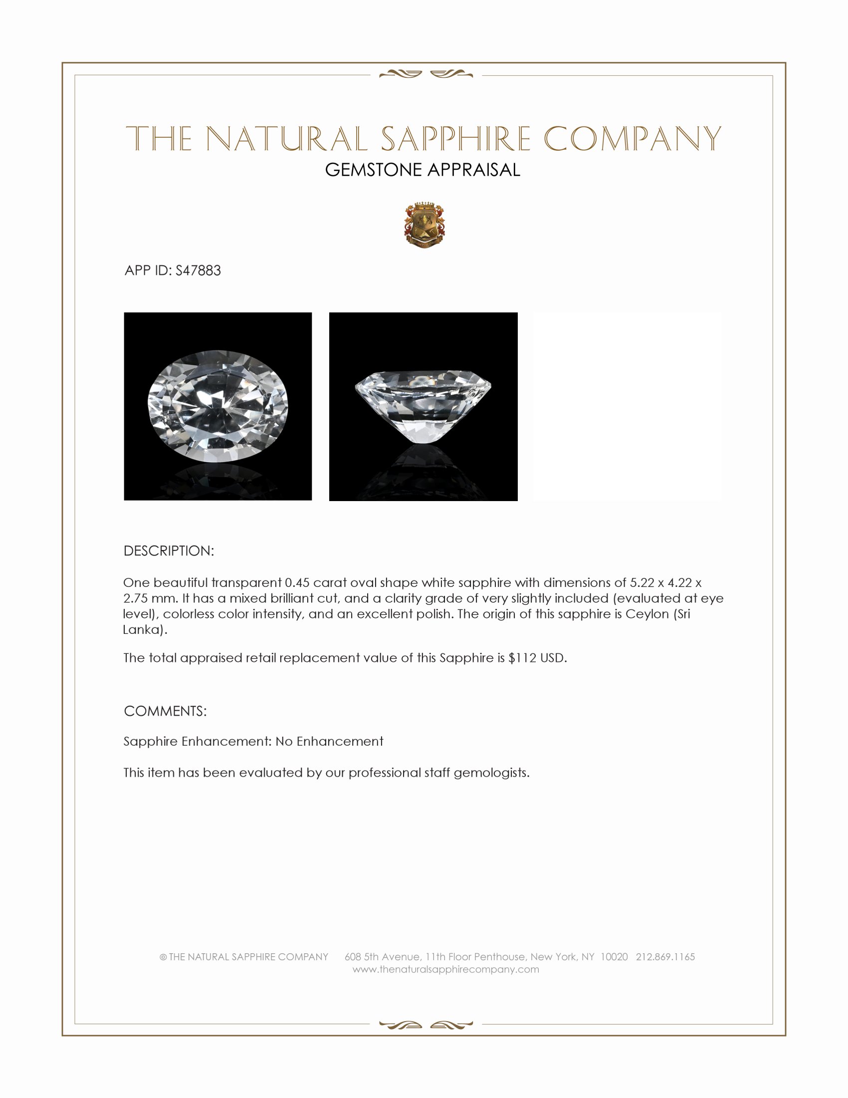 0.45 Ct. White Sapphire from Ceylon (Sri Lanka)