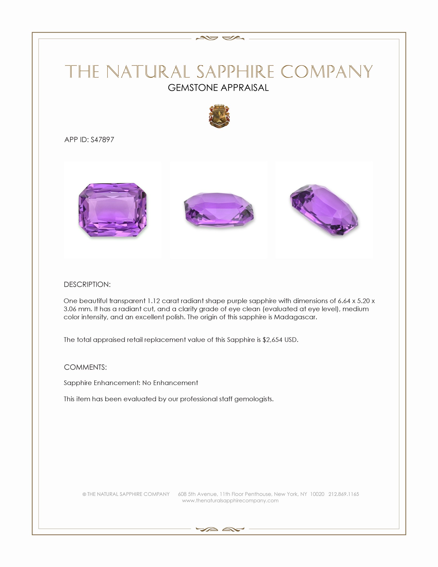 1.12 Ct. Pinkish Purple Sapphire from Madagascar