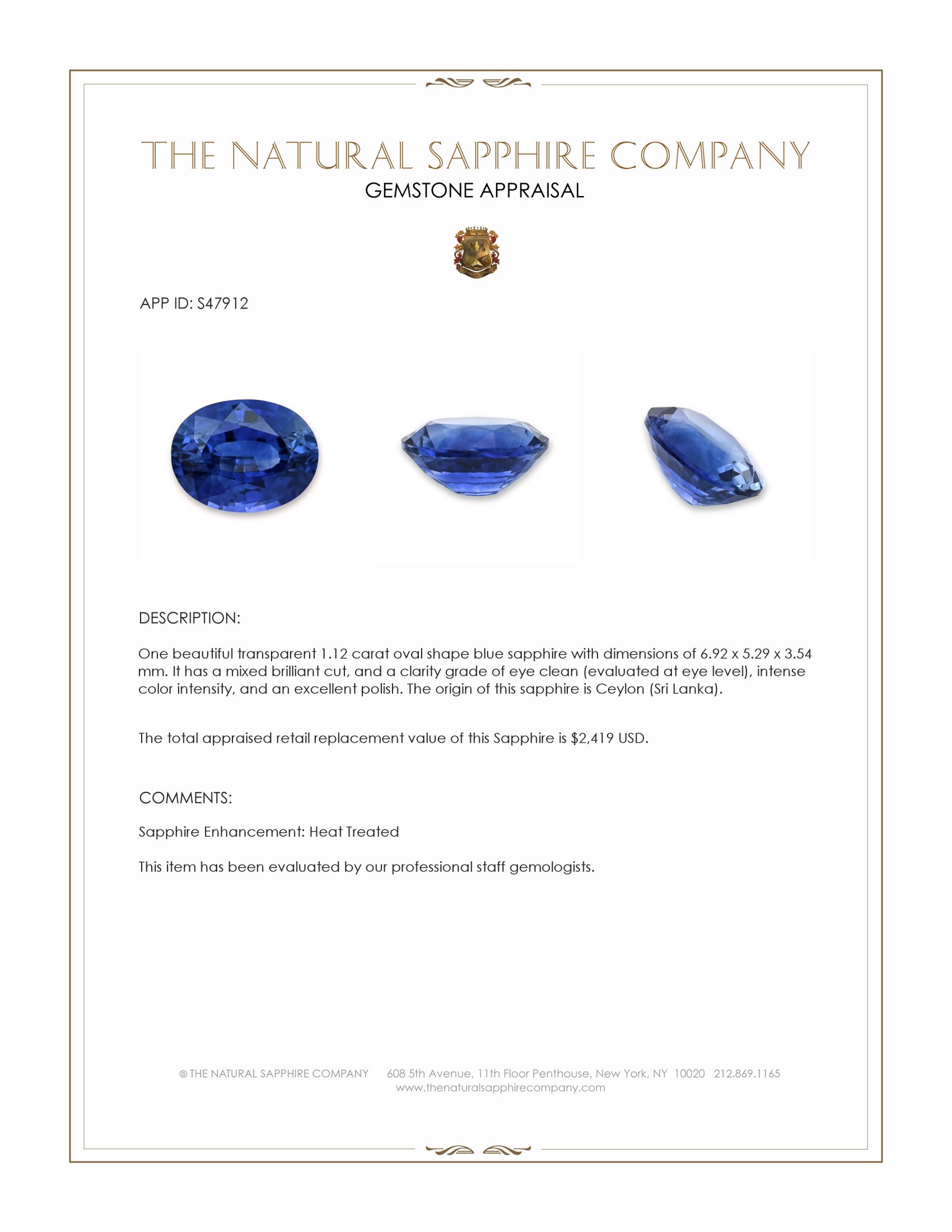1.12 Ct. Blue Sapphire from Ceylon (Sri Lanka)