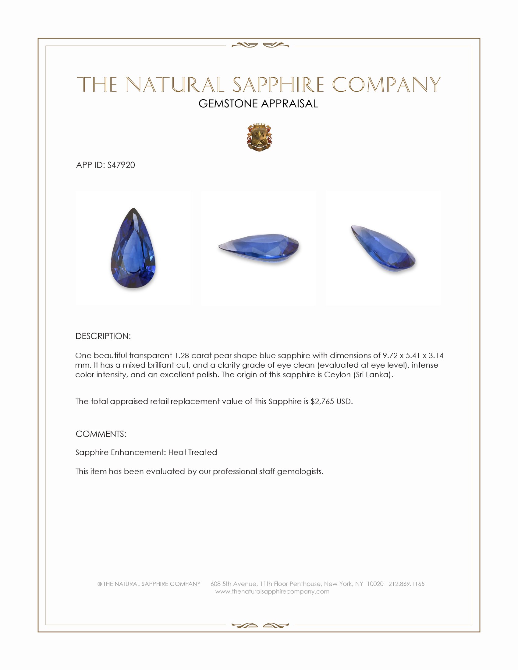1.28 Ct. Blue Sapphire from Ceylon (Sri Lanka)