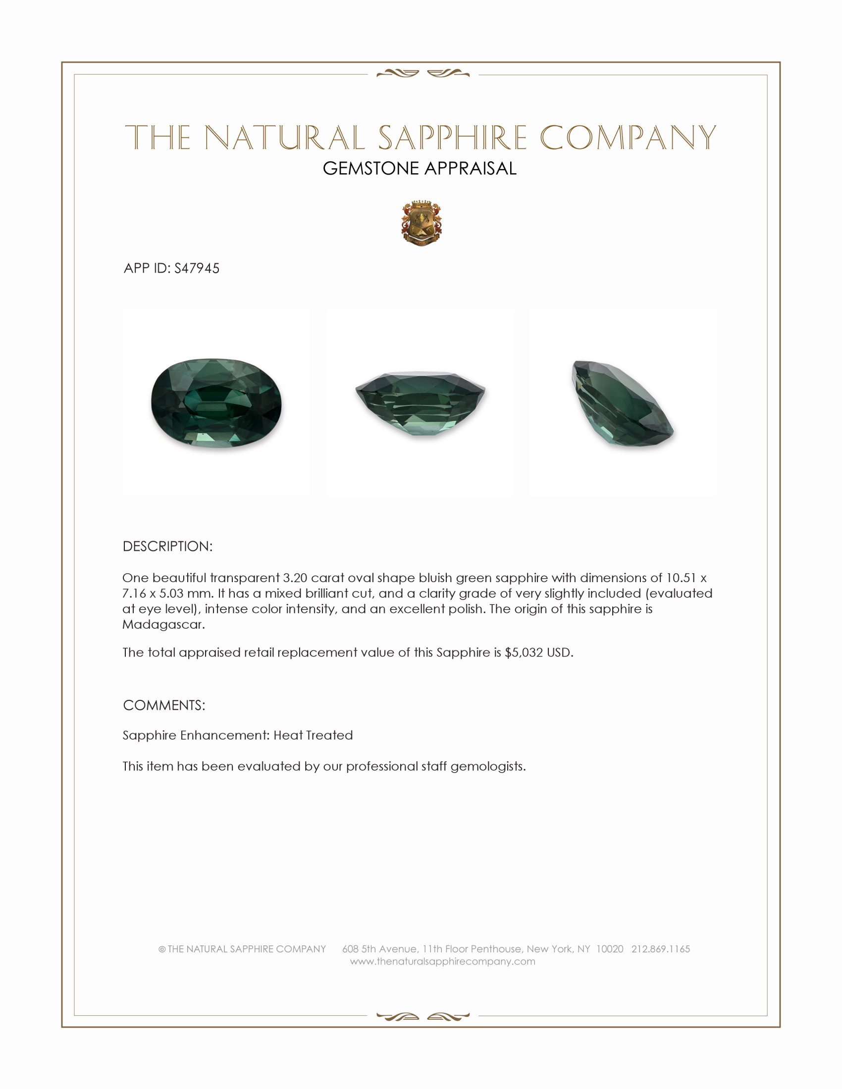3.20 Ct. Bluish Green Sapphire from Madagascar