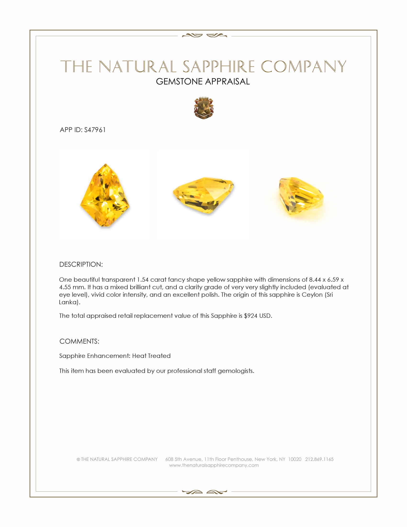 1.54 Ct. Yellow Sapphire from Ceylon (Sri Lanka)