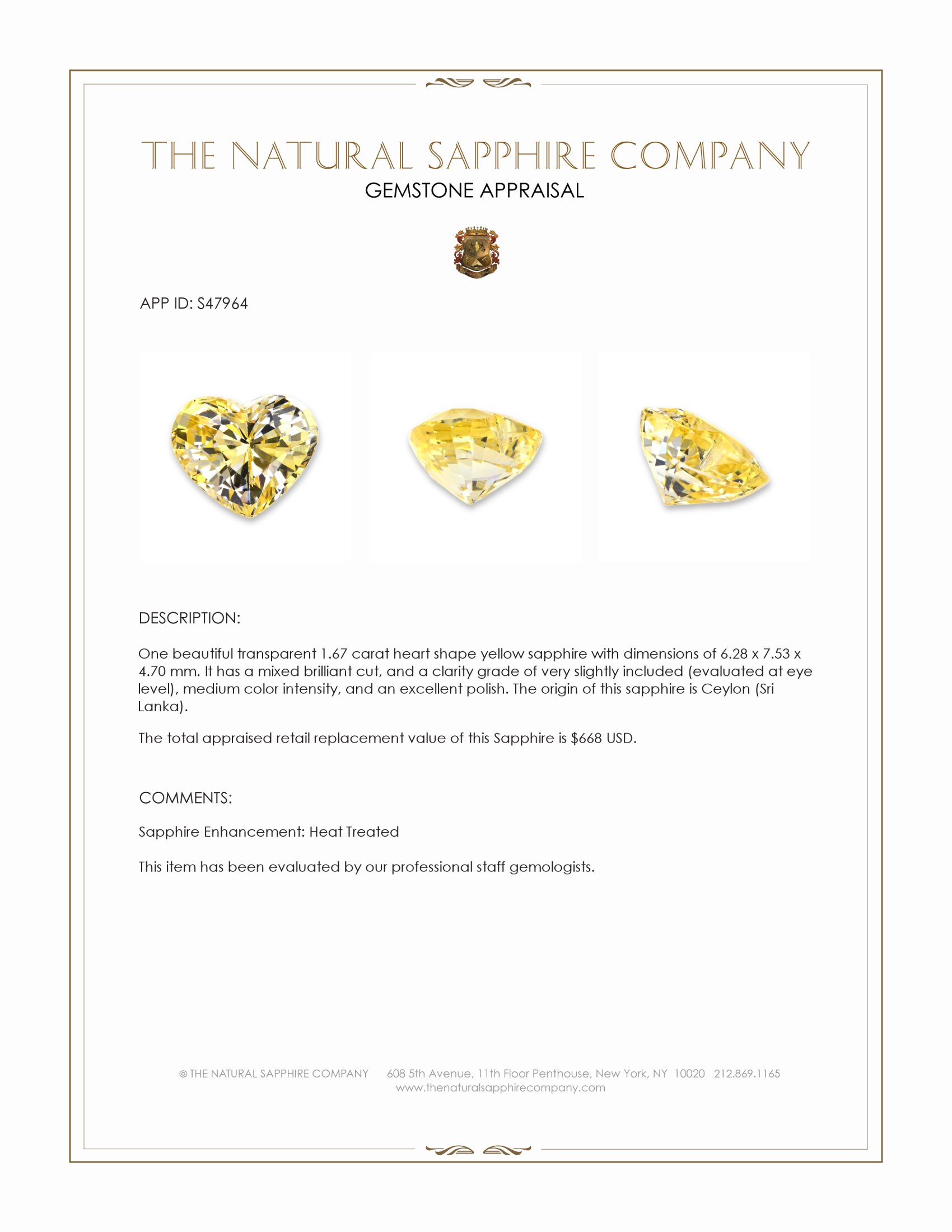 1.67 Ct. Yellow Sapphire from Ceylon (Sri Lanka)