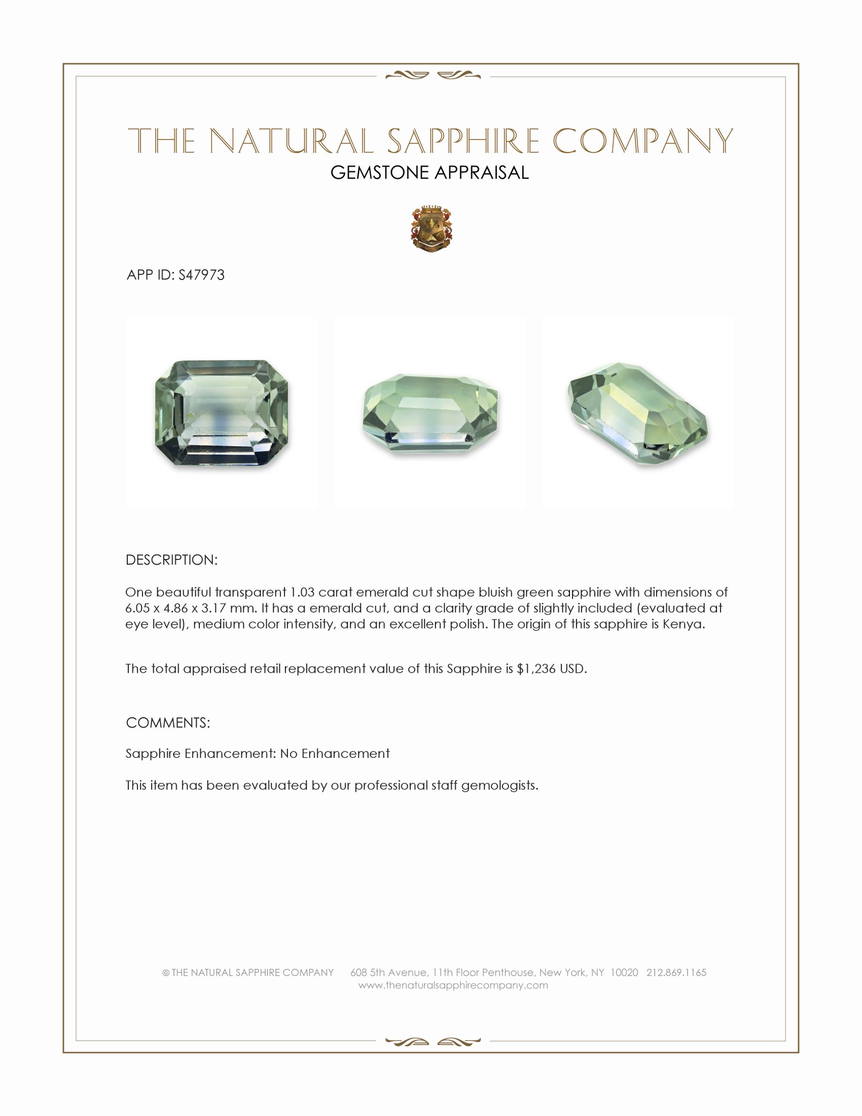 1.03 Ct. Bluish Green Sapphire from Kenya