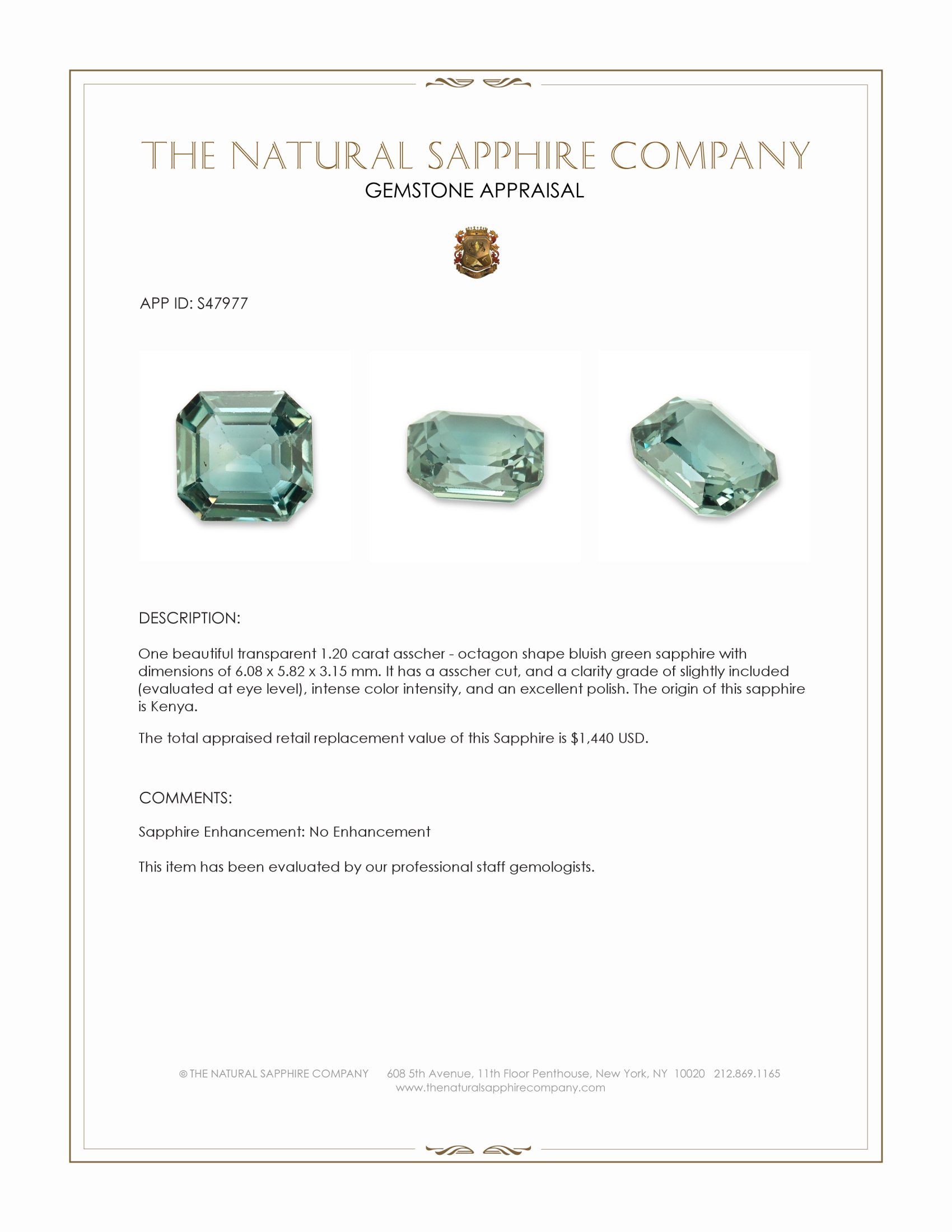 1.20 Ct. Bluish Green Sapphire from Kenya