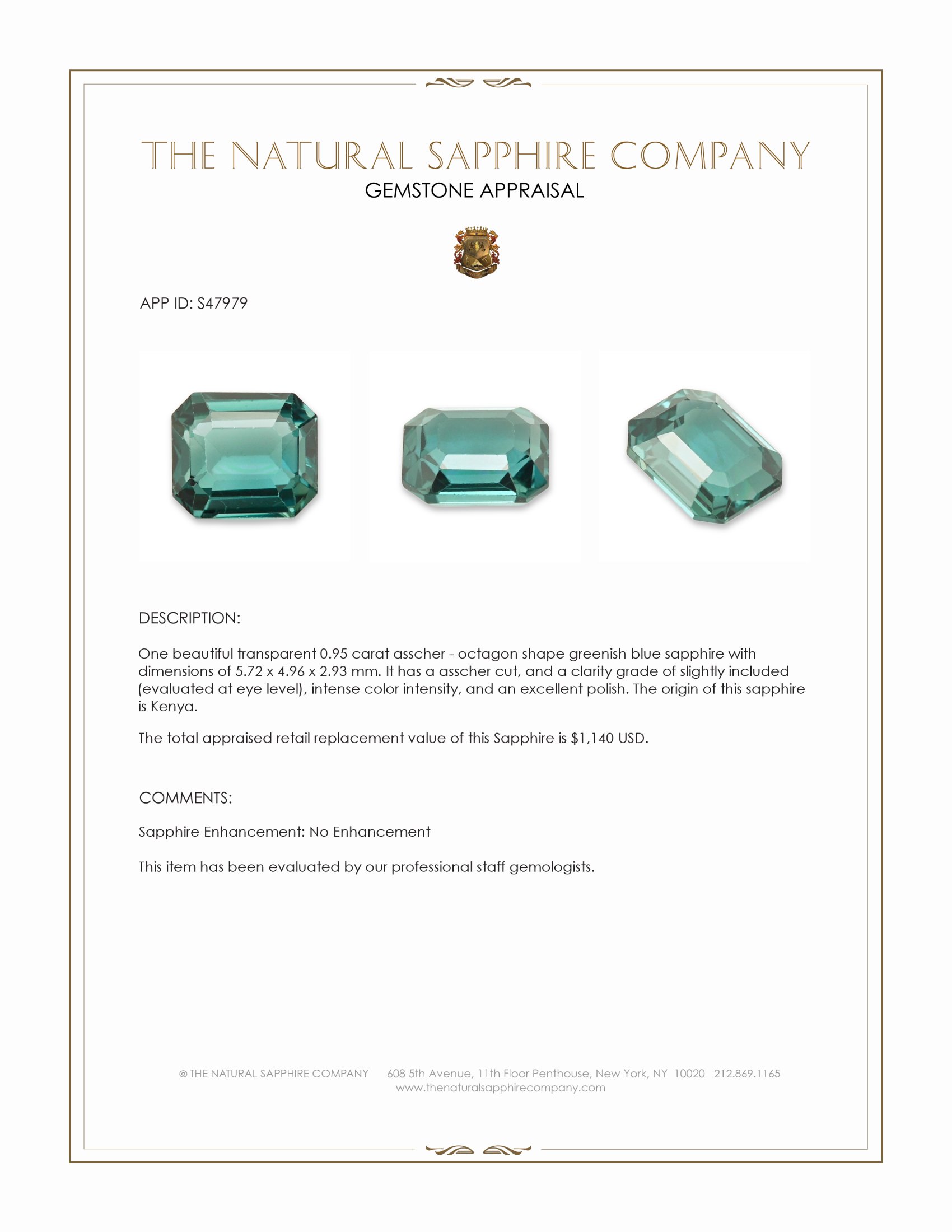 0.95 Ct. Greenish Blue Sapphire from Kenya