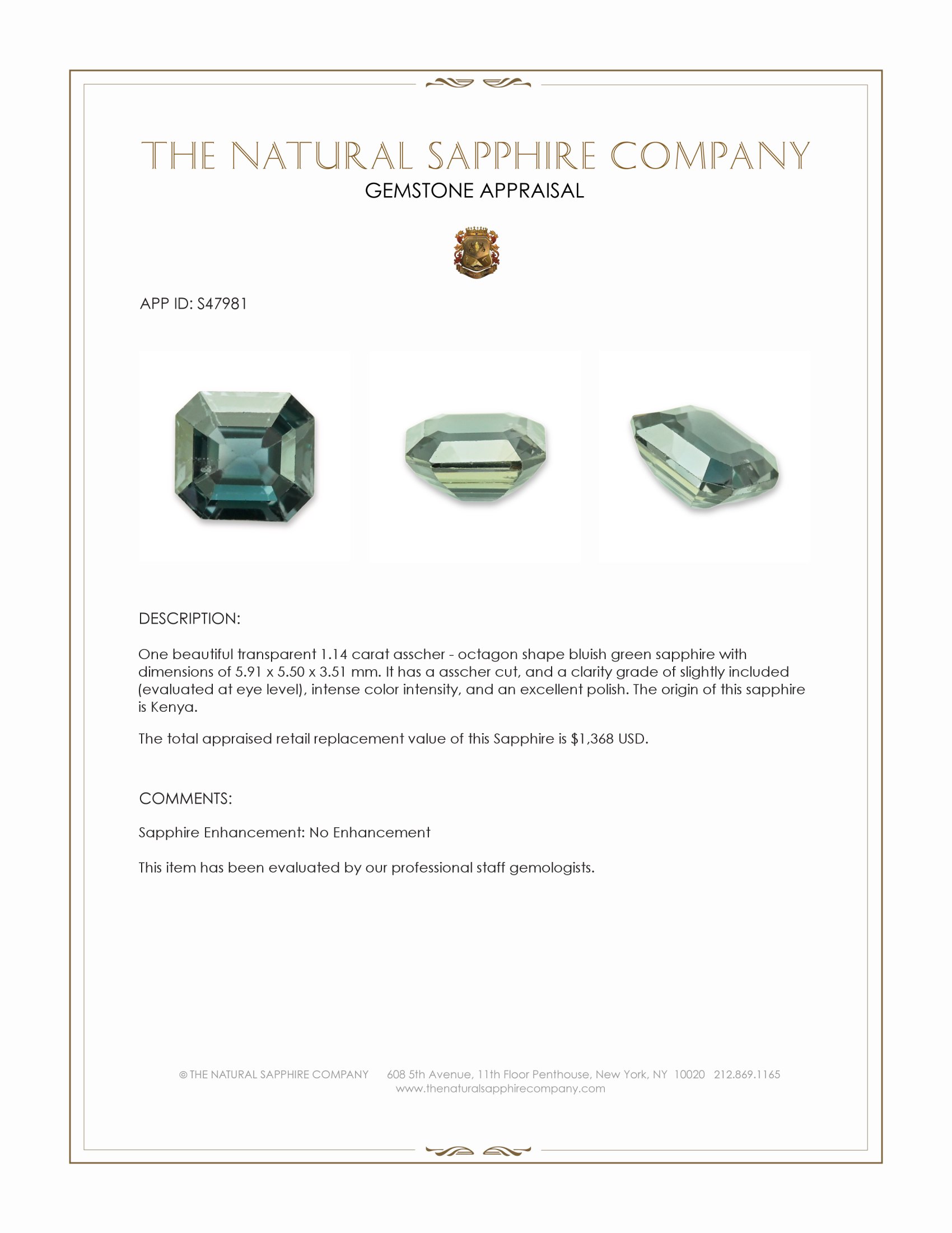 1.14 Ct. Bluish Green Sapphire from Kenya