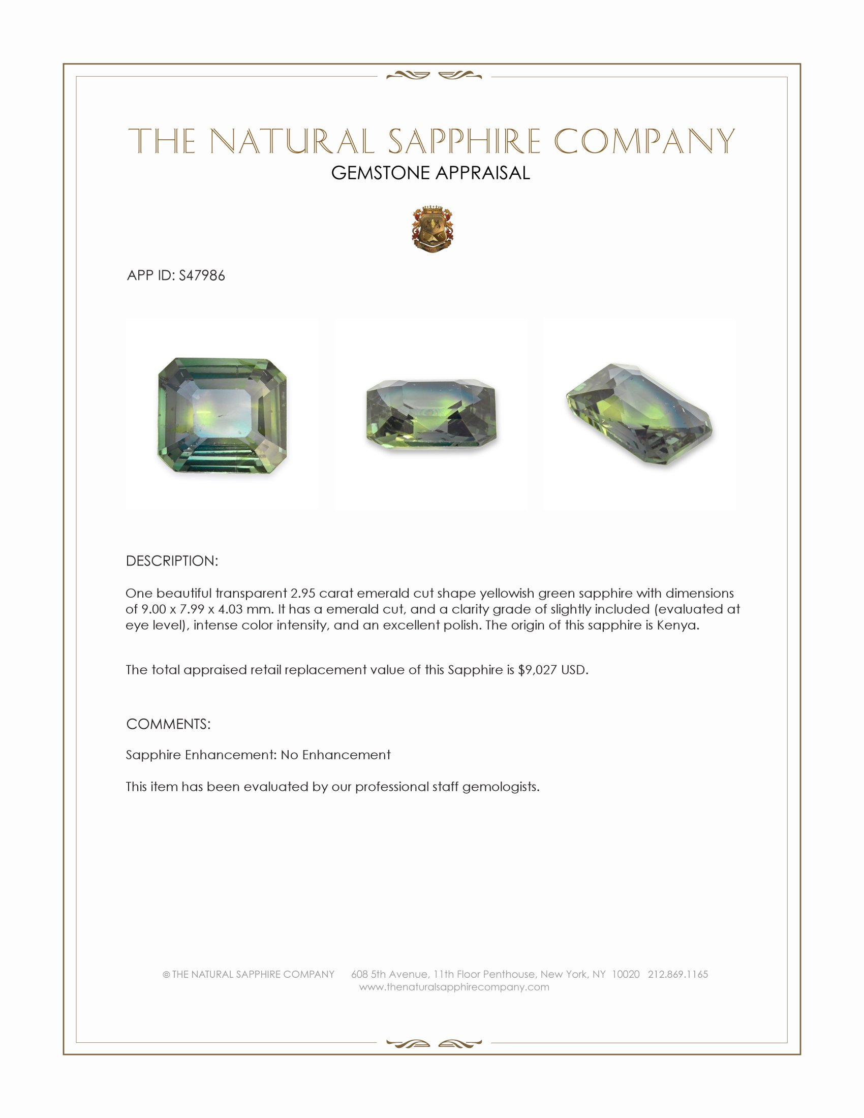 2.95 Ct. Yellowish Green Sapphire from Kenya