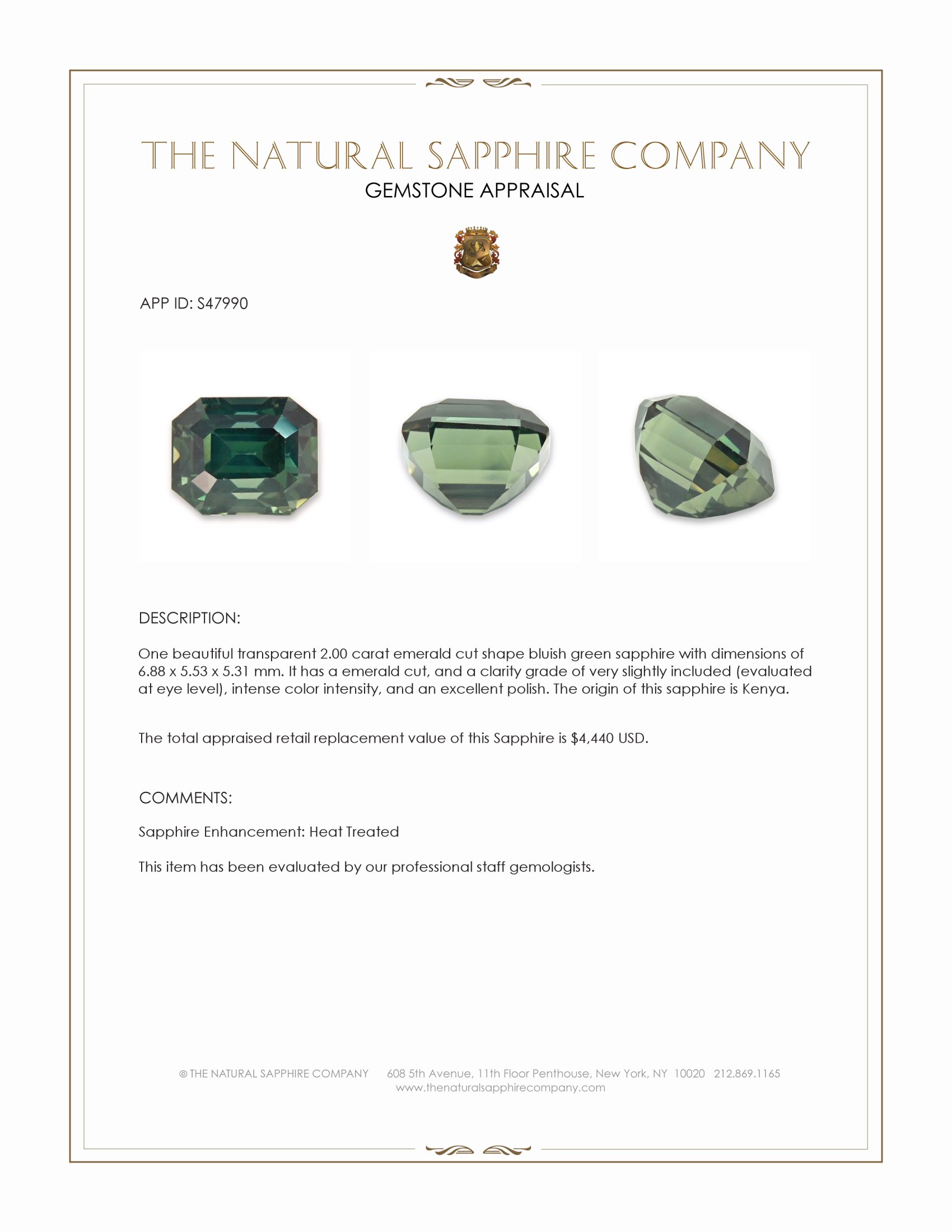2.00 Ct. Bluish Green Sapphire from Kenya