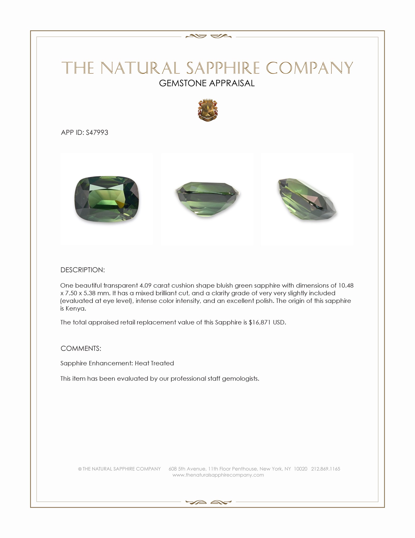 4.09 Ct. Bluish Green Sapphire from Kenya
