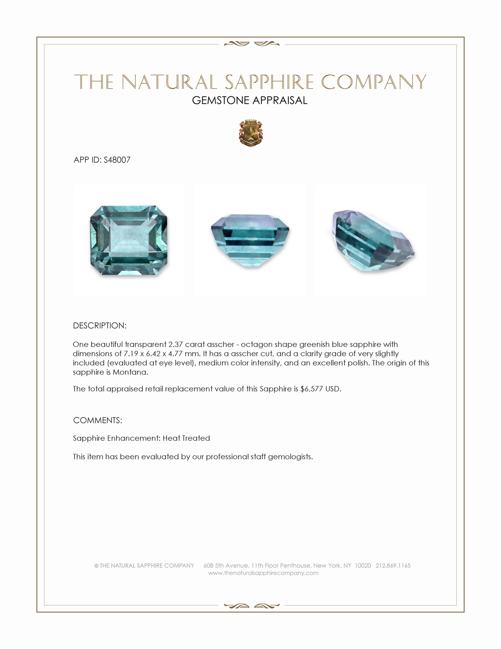 2.37 Ct. Greenish Blue Sapphire from Montana