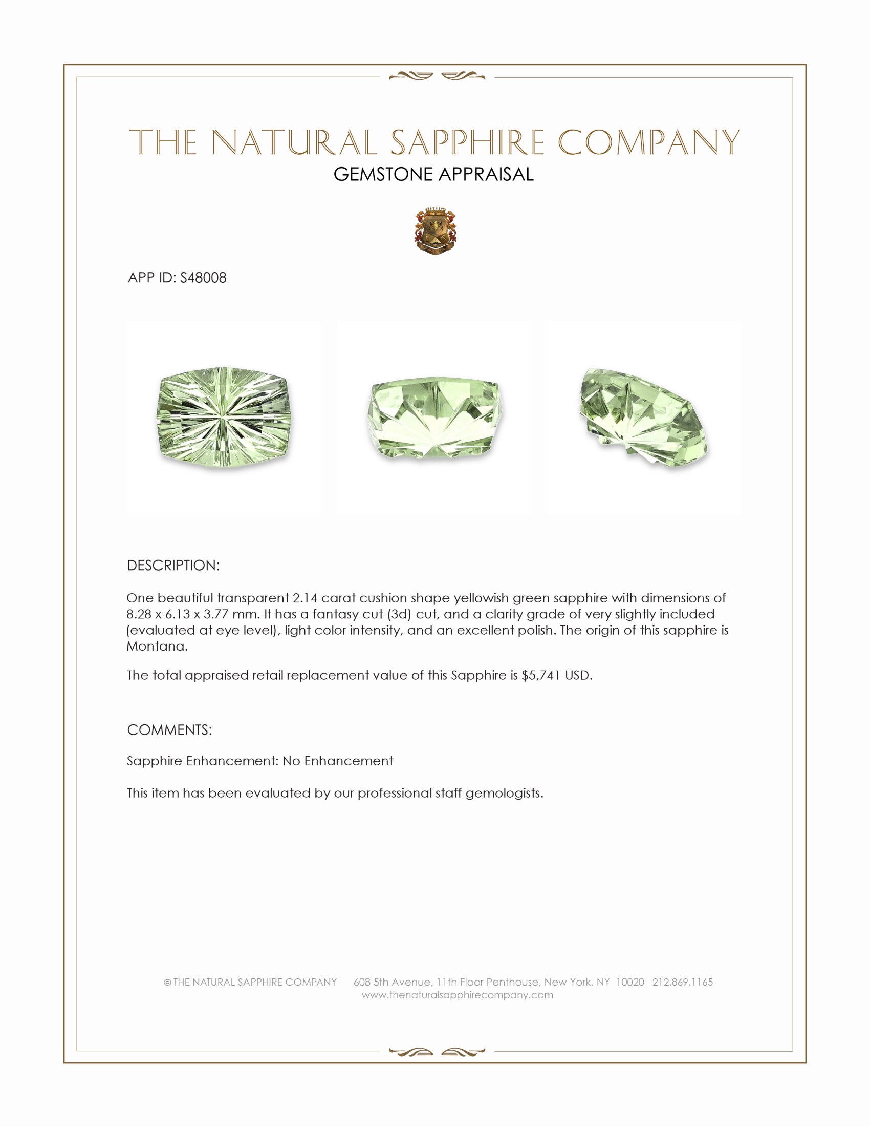 2.14 Ct. Yellowish Green Sapphire from Montana