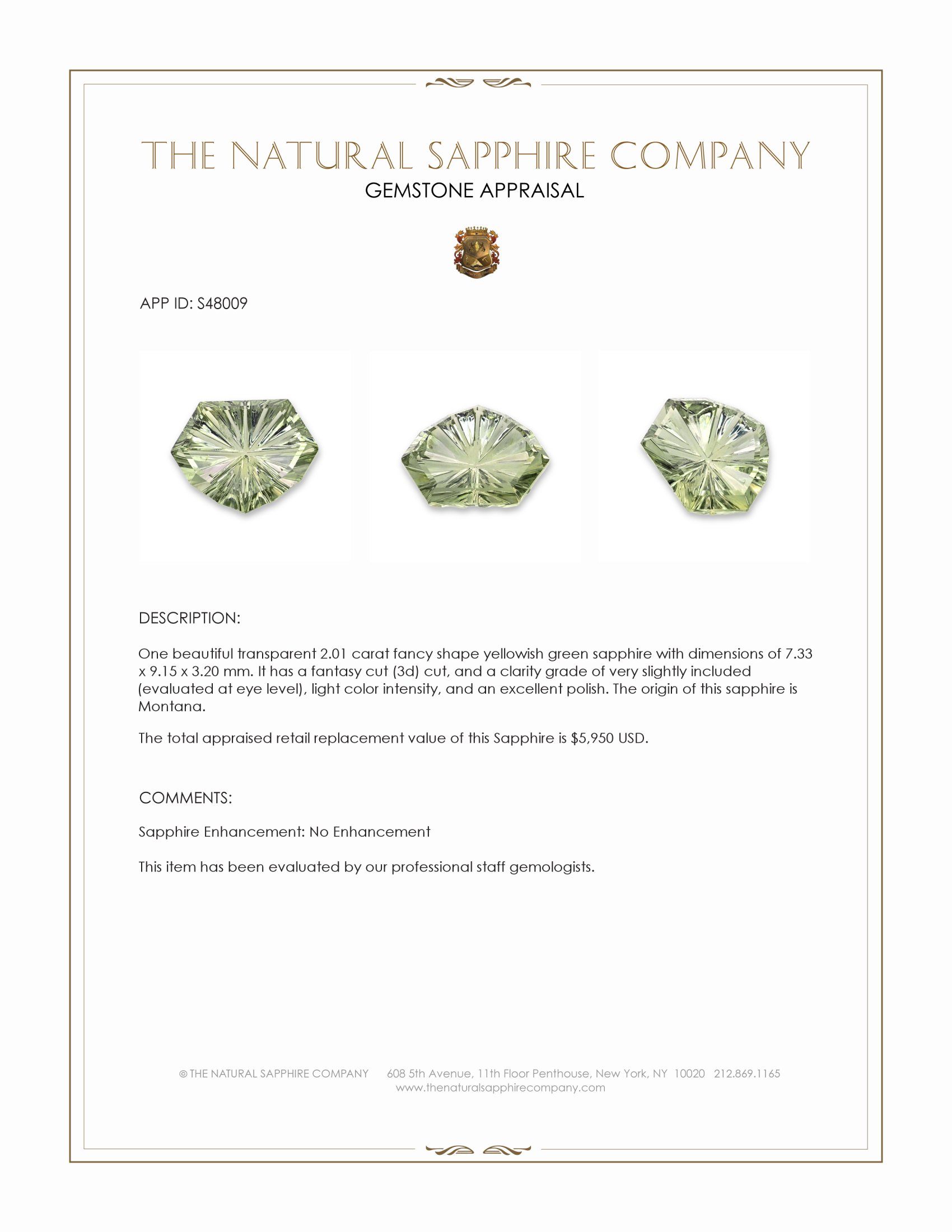 2.01 Ct. Yellowish Green Sapphire from Montana