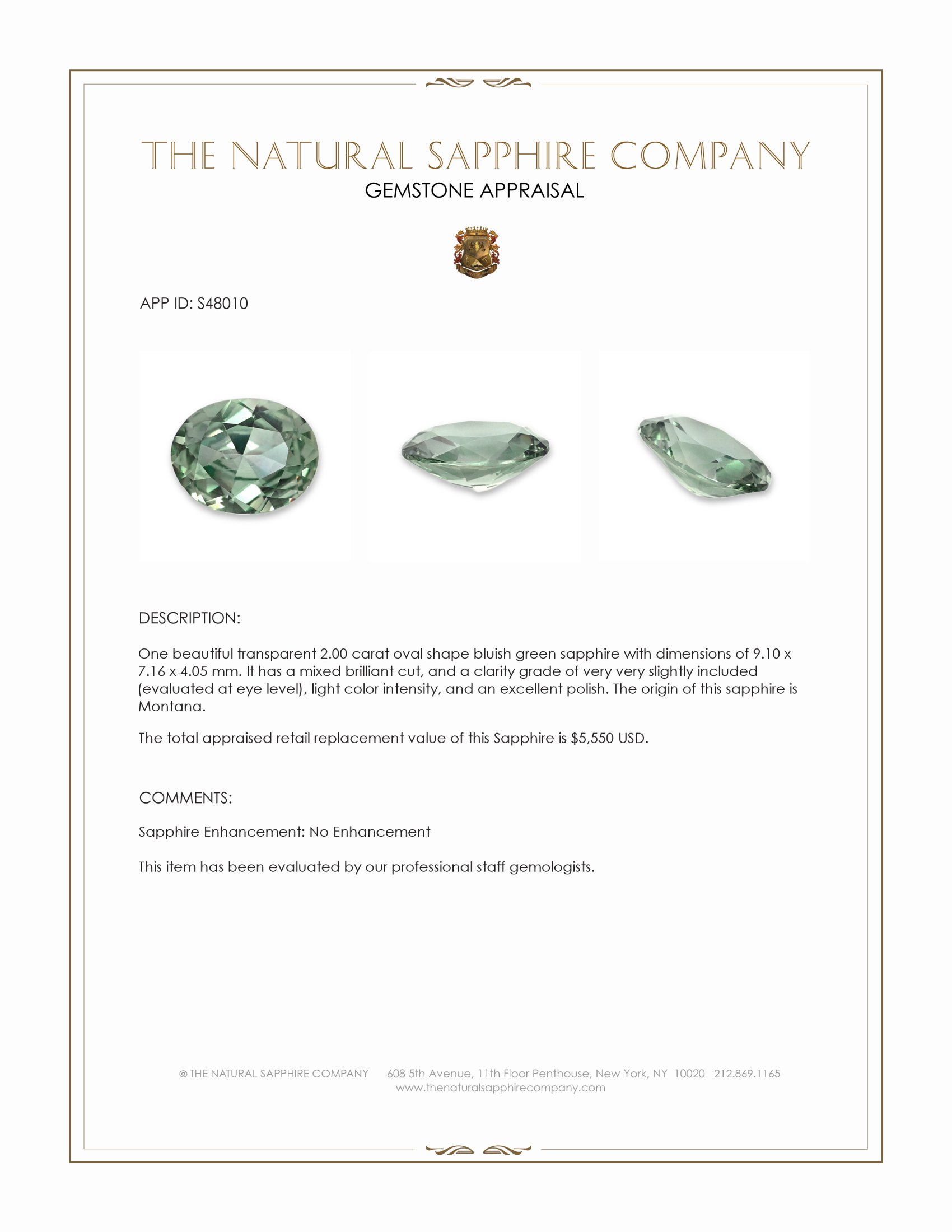 2.00 Ct. Bluish Green Sapphire from Montana
