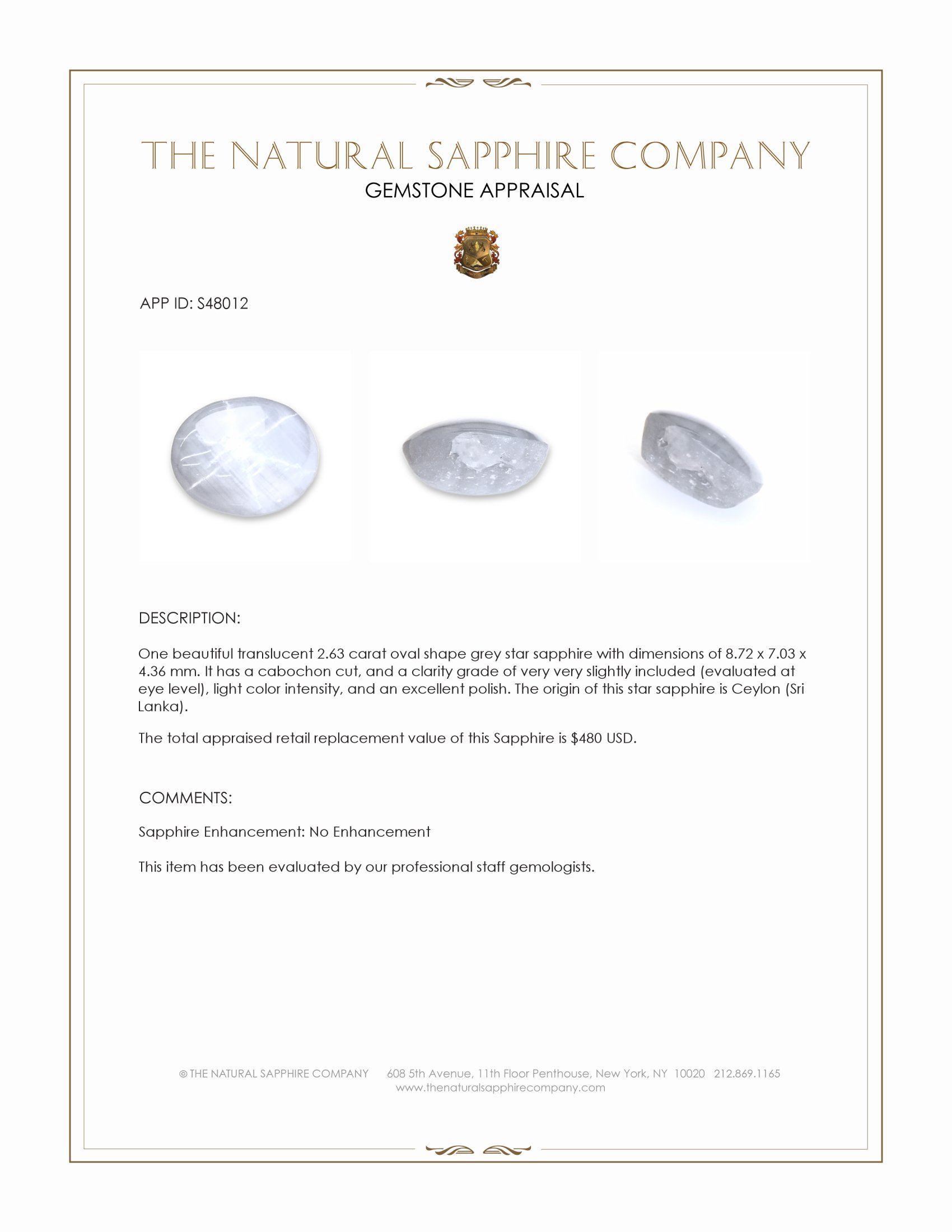 2.63 Ct. Grey Star Sapphire from Ceylon (Sri Lanka)
