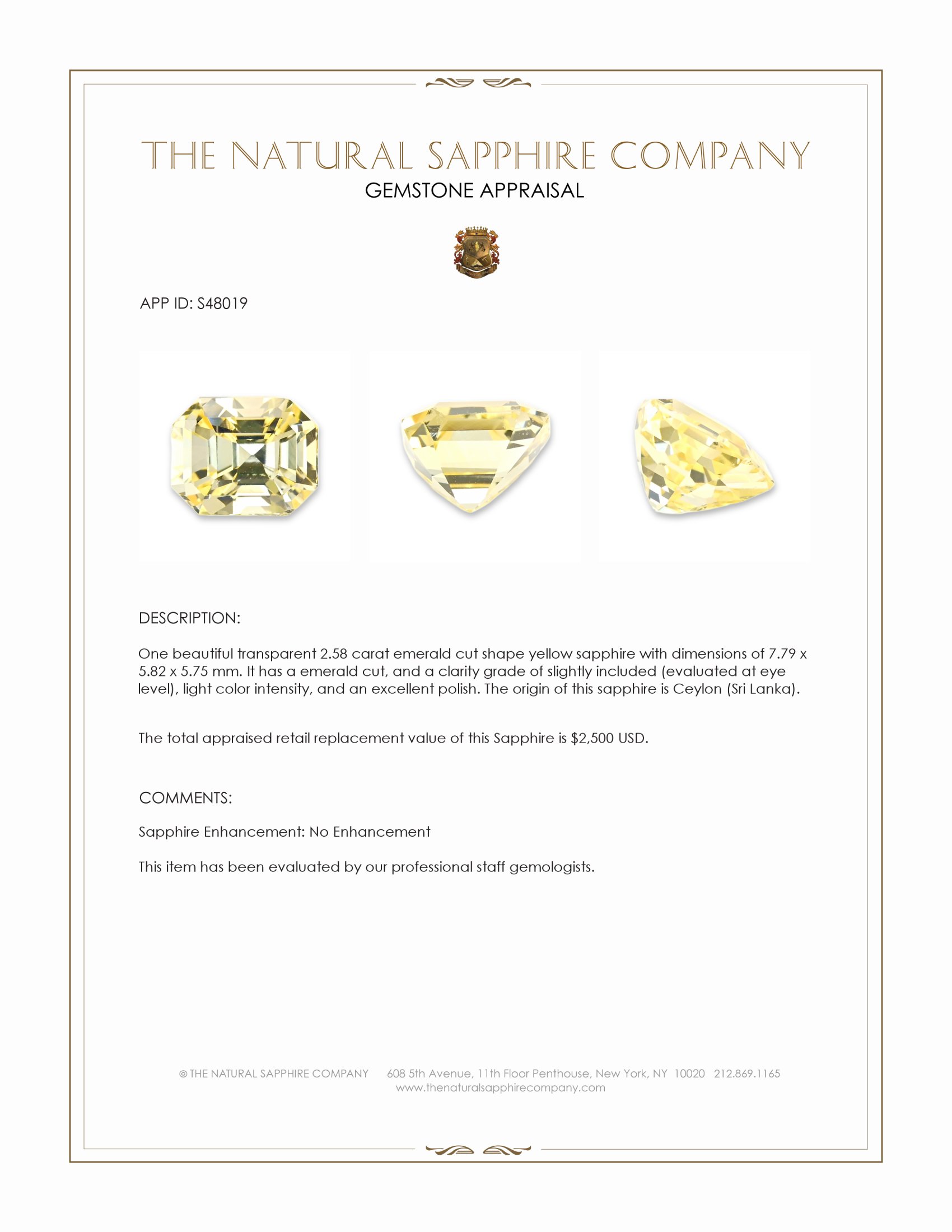 2.58 Ct. Yellow Sapphire from Ceylon (Sri Lanka)