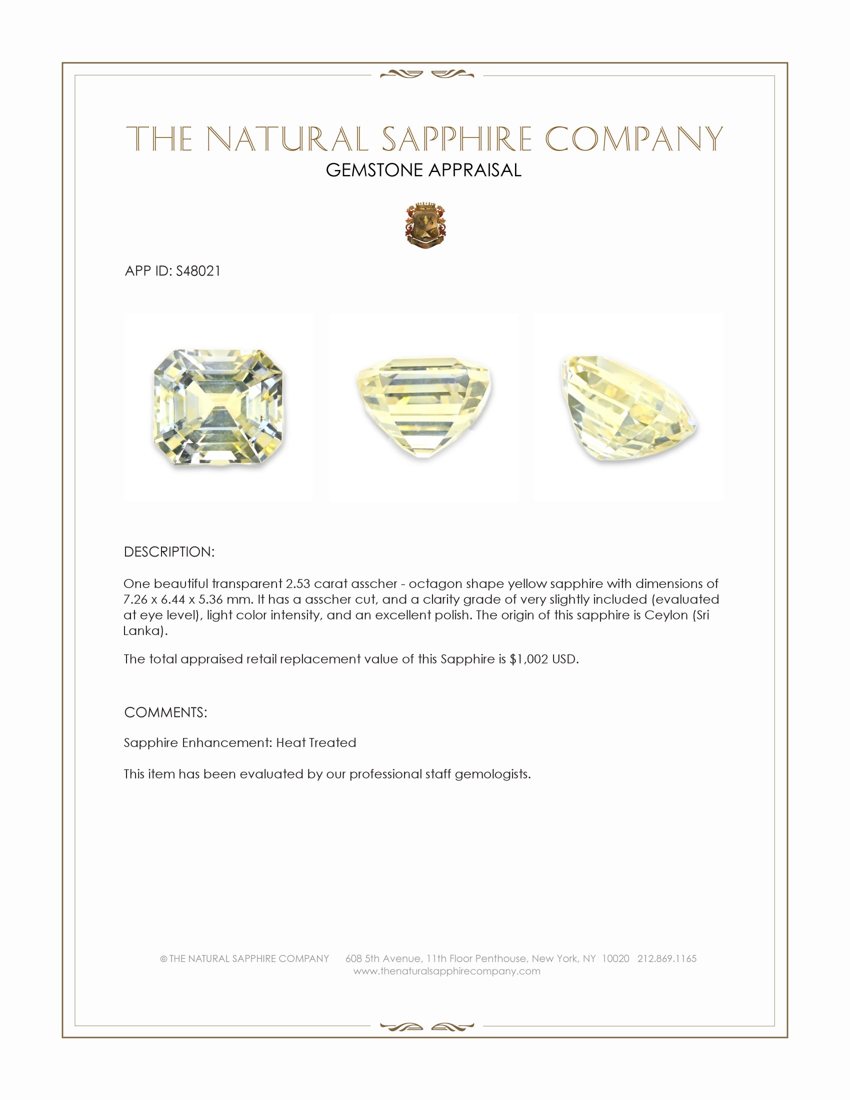 2.53 Ct. Yellow Sapphire from Ceylon (Sri Lanka)