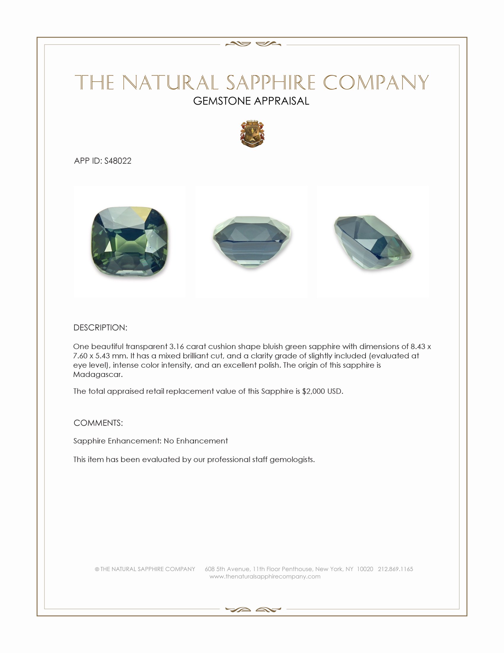 3.16 Ct. Bluish Green Sapphire from Madagascar